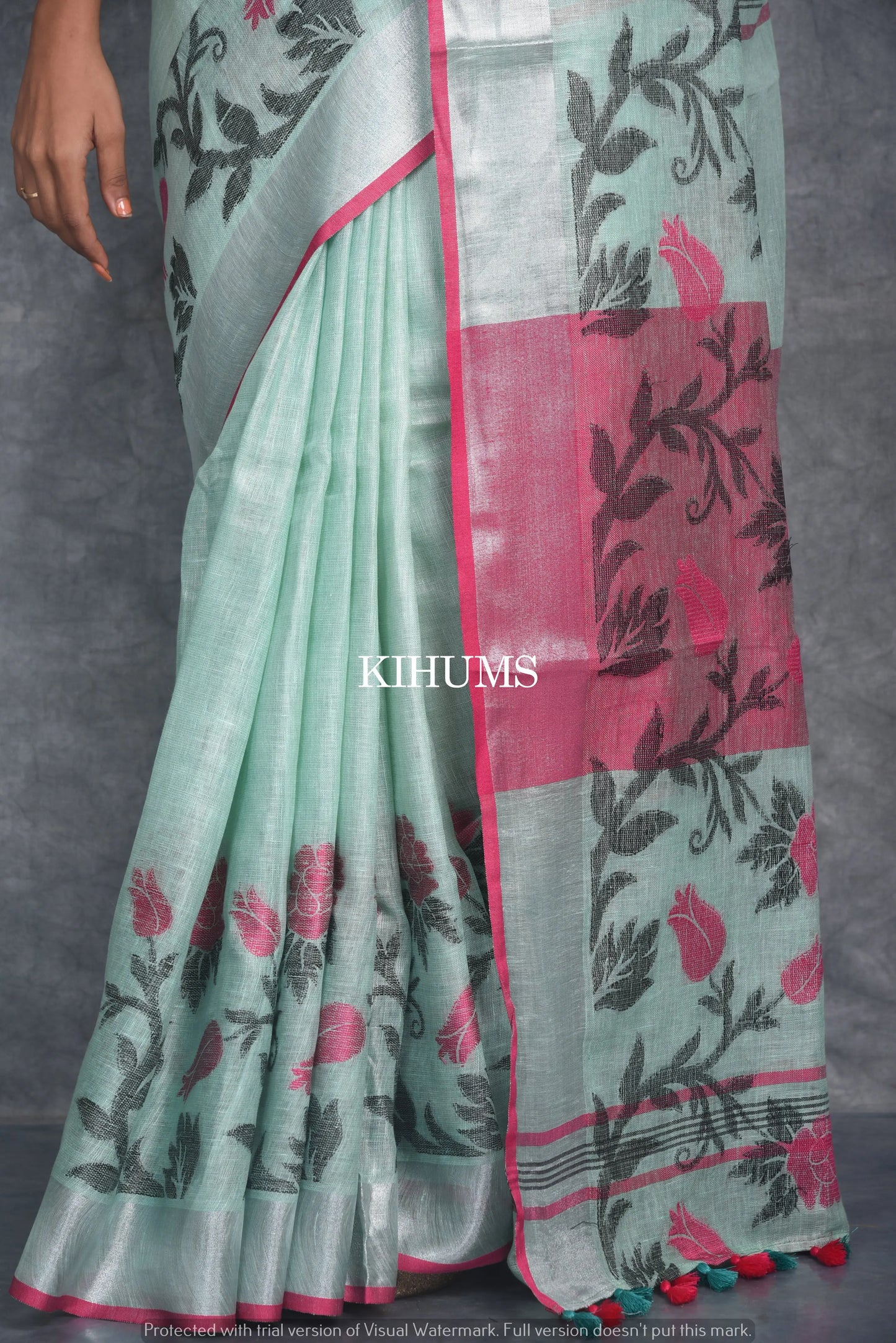 Light Green Pure Handloom Linen Saree | Thread Woven Floral Design | Silver Zari borders | KIHUMS Saree