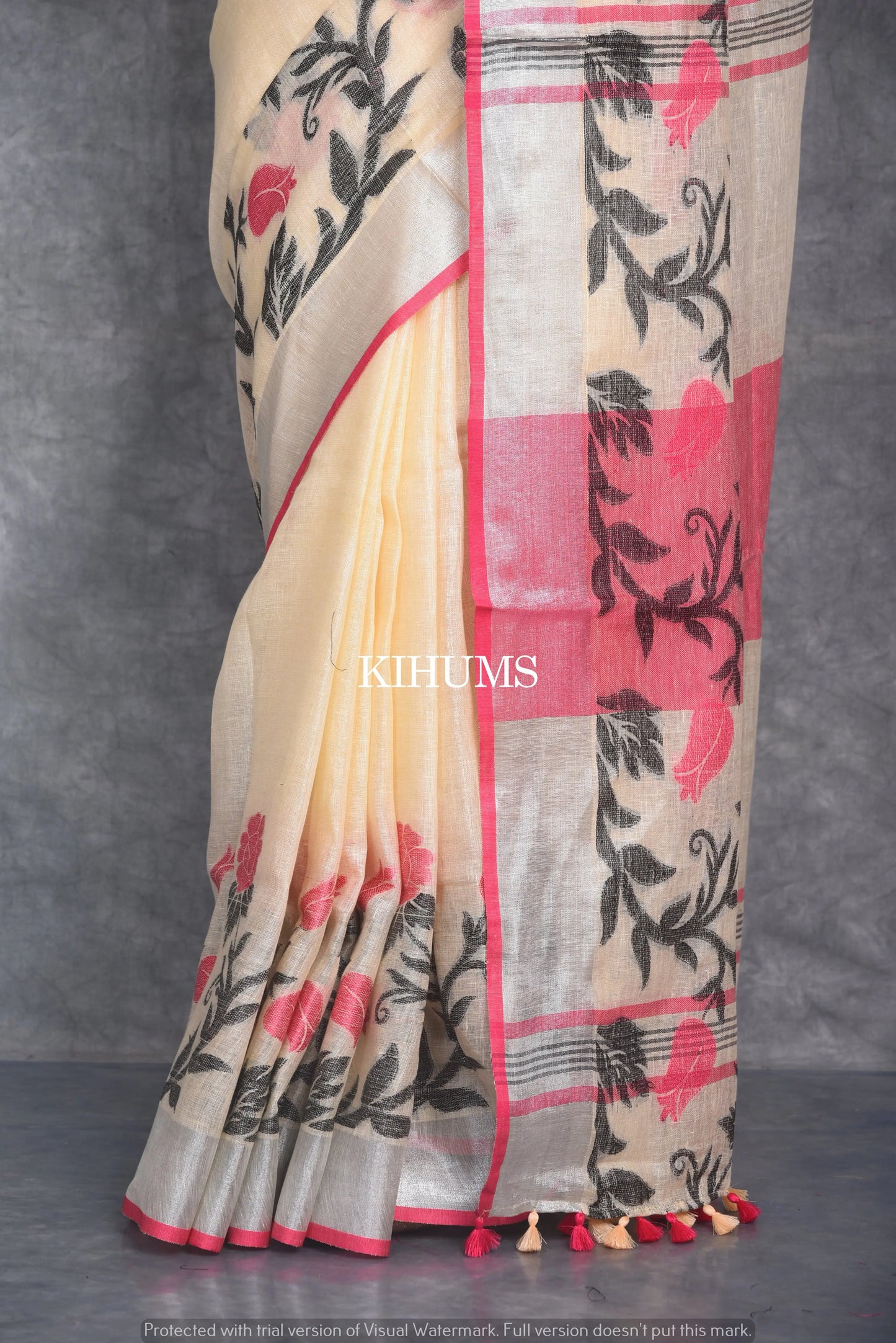 Light Yellow Pure Handloom Linen Saree | Thread Woven Floral Design | Silver Zari borders | KIHUMS Saree