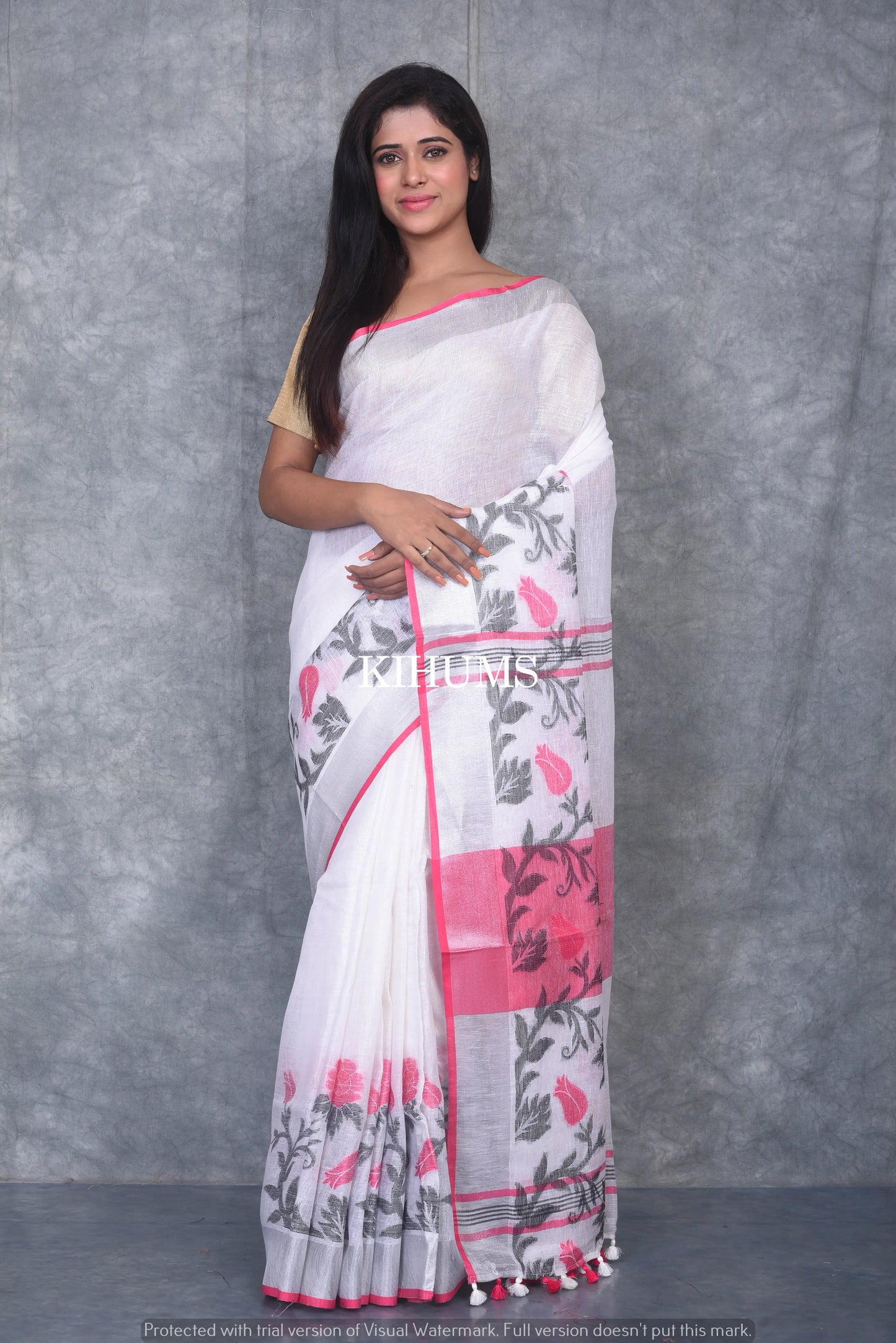 White Pure Handloom Linen Saree | Thread Woven Floral Design | Silver Zari borders | KIHUMS Saree kihums clothing