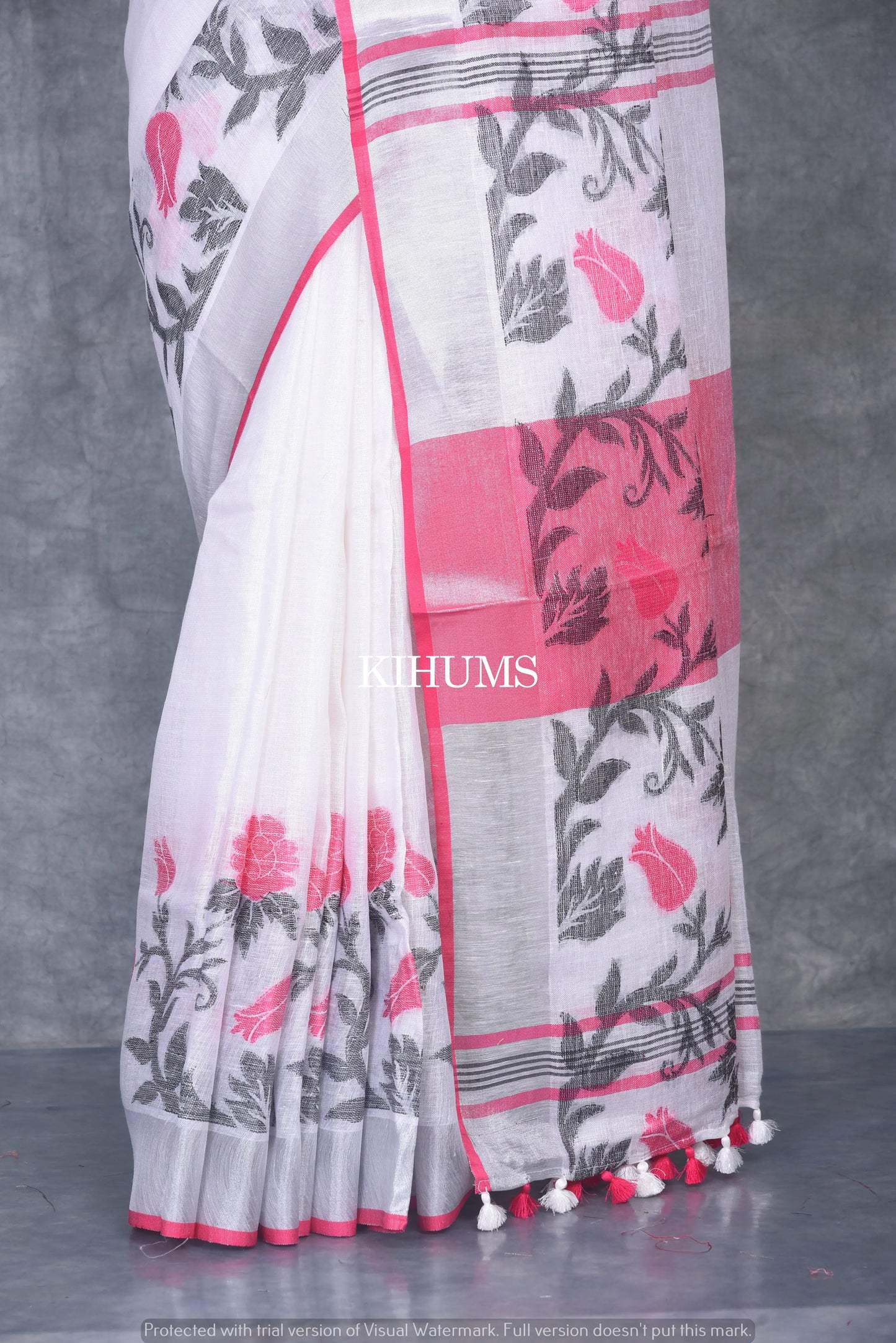 White Pure Handloom Linen Saree | Thread Woven Floral Design | Silver Zari borders | KIHUMS Saree kihums clothing
