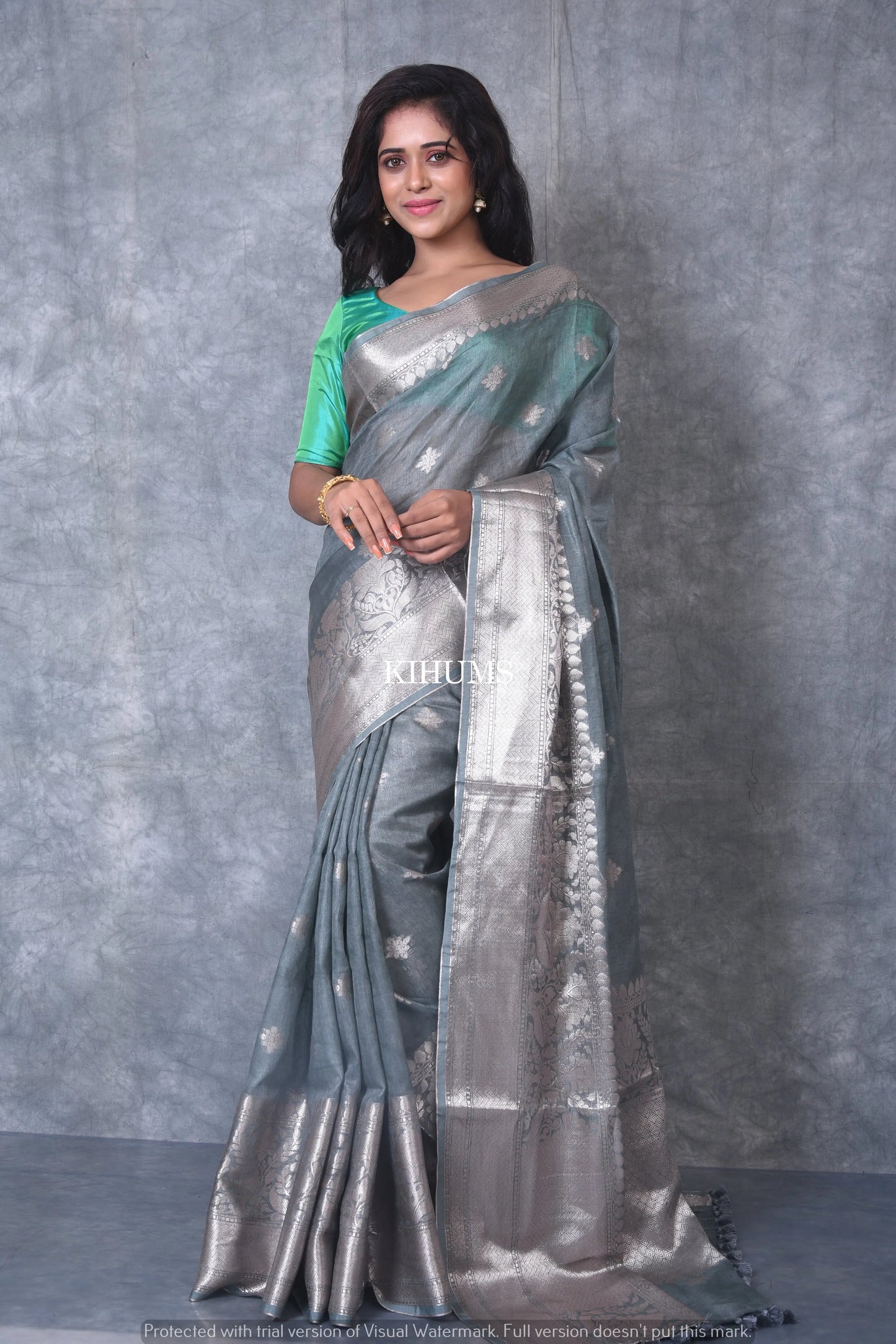 Grey Banarasi Silk Linen Saree | Silver Zari Border | Grey Body | KIHUMS Saree kihums clothing