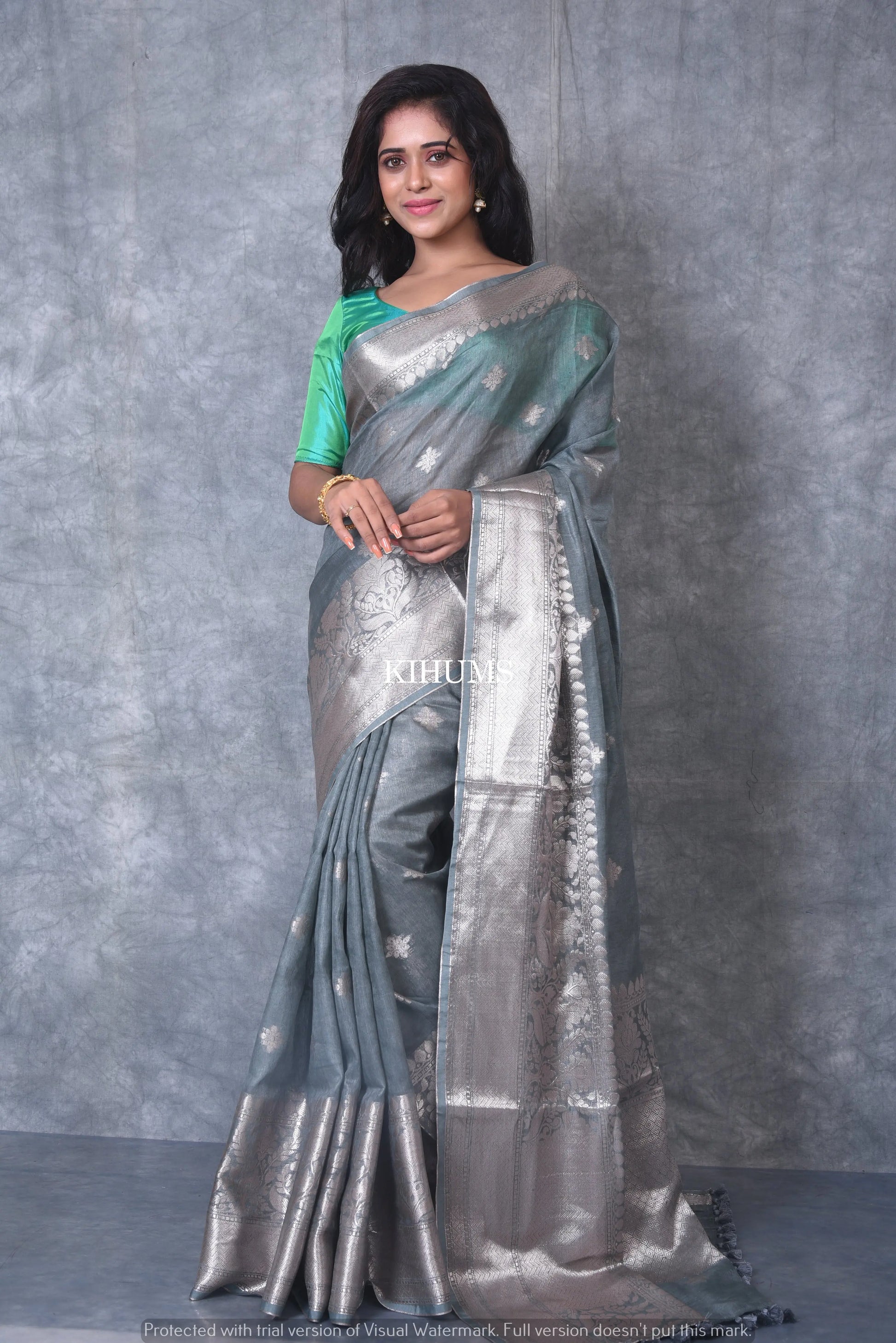 Grey Banarasi Silk Linen Saree | Silver Zari Border | Grey Body | KIHUMS Saree kihums clothing