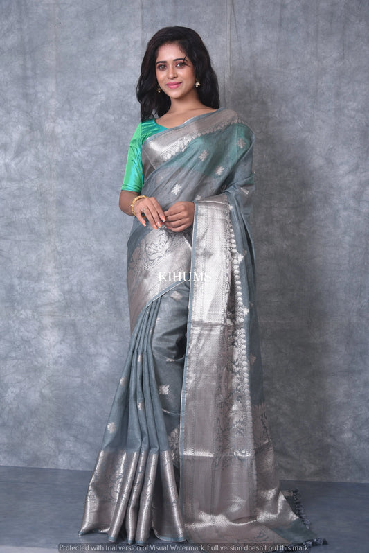 Grey Banarasi Silk Linen Saree | Silver Zari Border | Grey Body | KIHUMS Saree kihums clothing