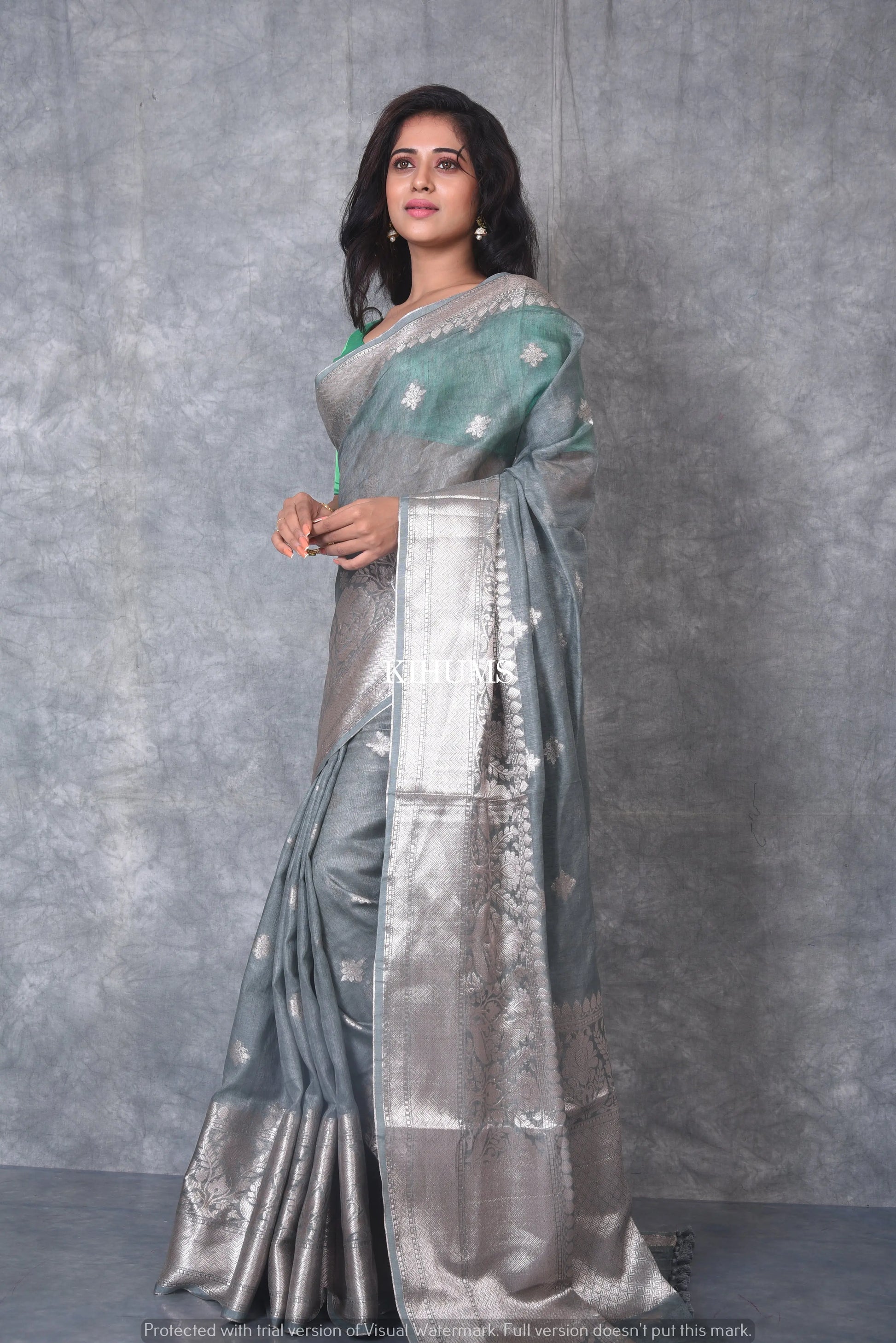 Grey Banarasi Silk Linen Saree | Silver Zari Border | Grey Body | KIHUMS Saree kihums clothing