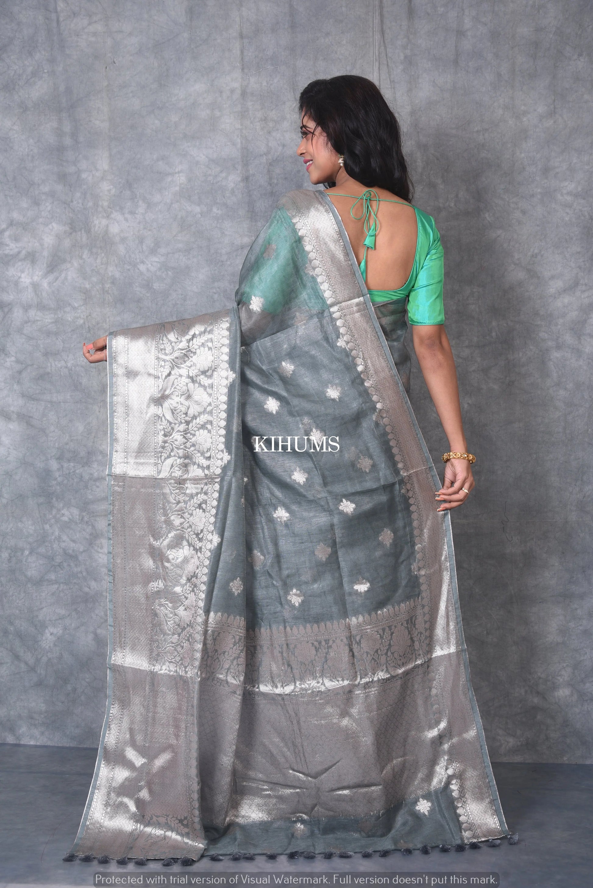 Grey Banarasi Silk Linen Saree | Silver Zari Border | Grey Body | KIHUMS Saree kihums clothing