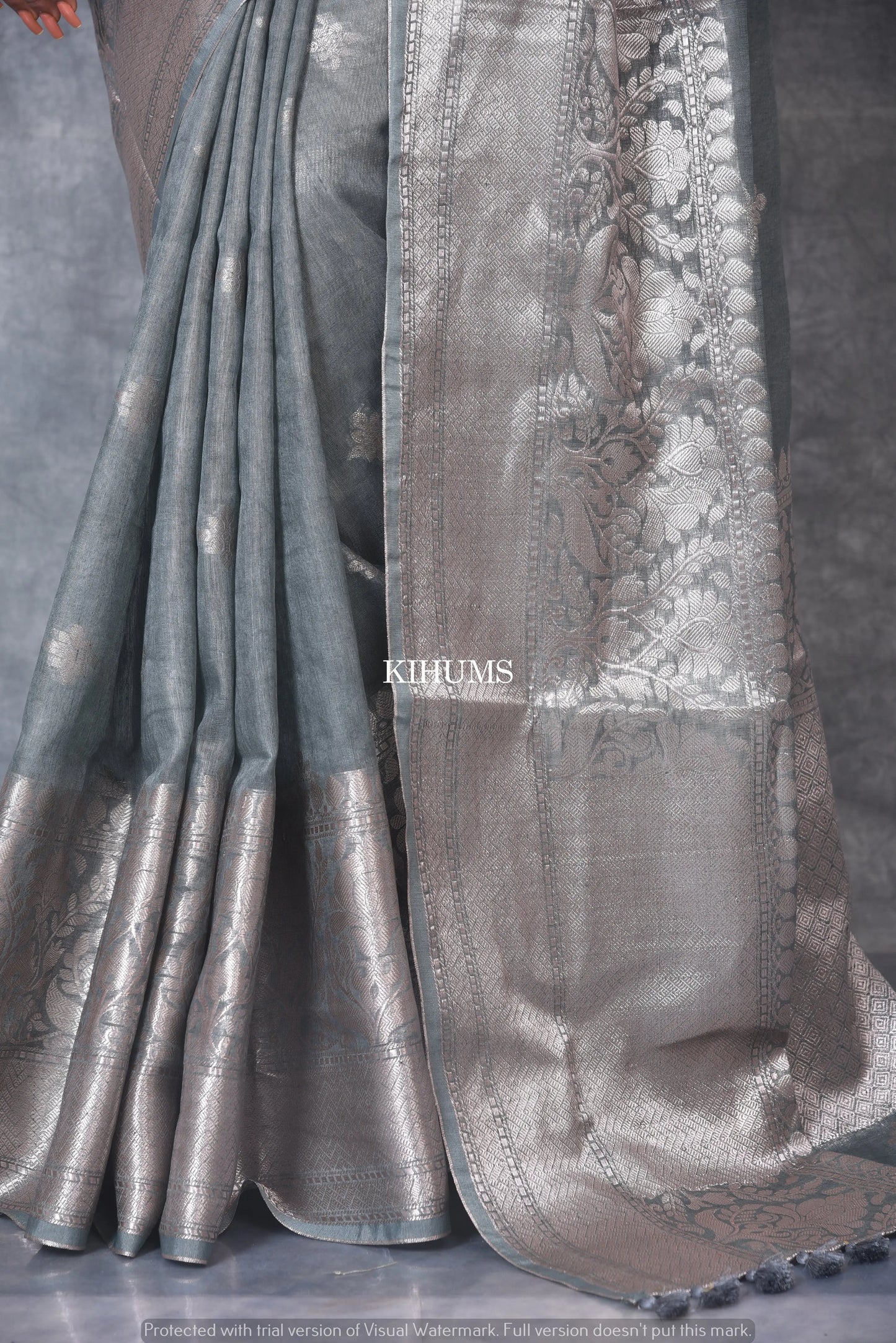 Grey Banarasi Silk Linen Saree | Silver Zari Border | Grey Body | KIHUMS Saree kihums clothing