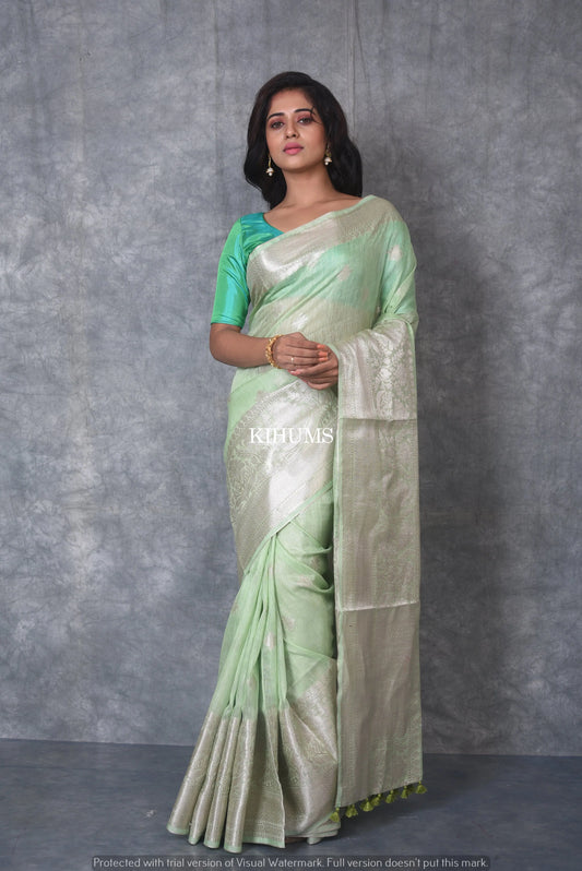 Light Green Banarasi Silk Linen Saree | Silver Zari Border | Grey Body | KIHUMS Saree kihums clothing