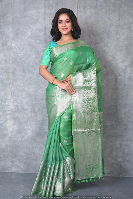 Green Banarasi Silk Linen Saree | Silver Zari Border | KIHUMS Saree kihums clothing