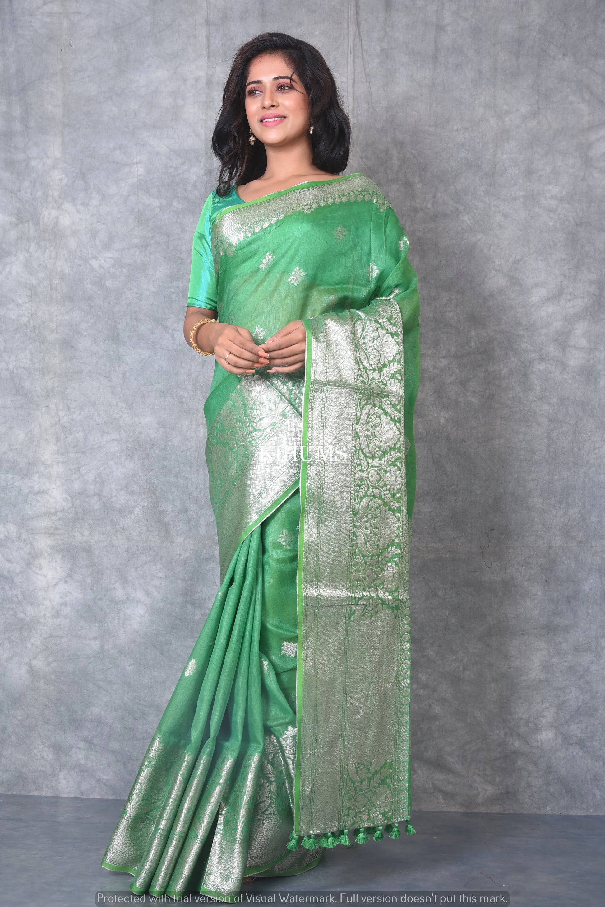 Green Banarasi Silk Linen Saree | Silver Zari Border | KIHUMS Saree kihums clothing