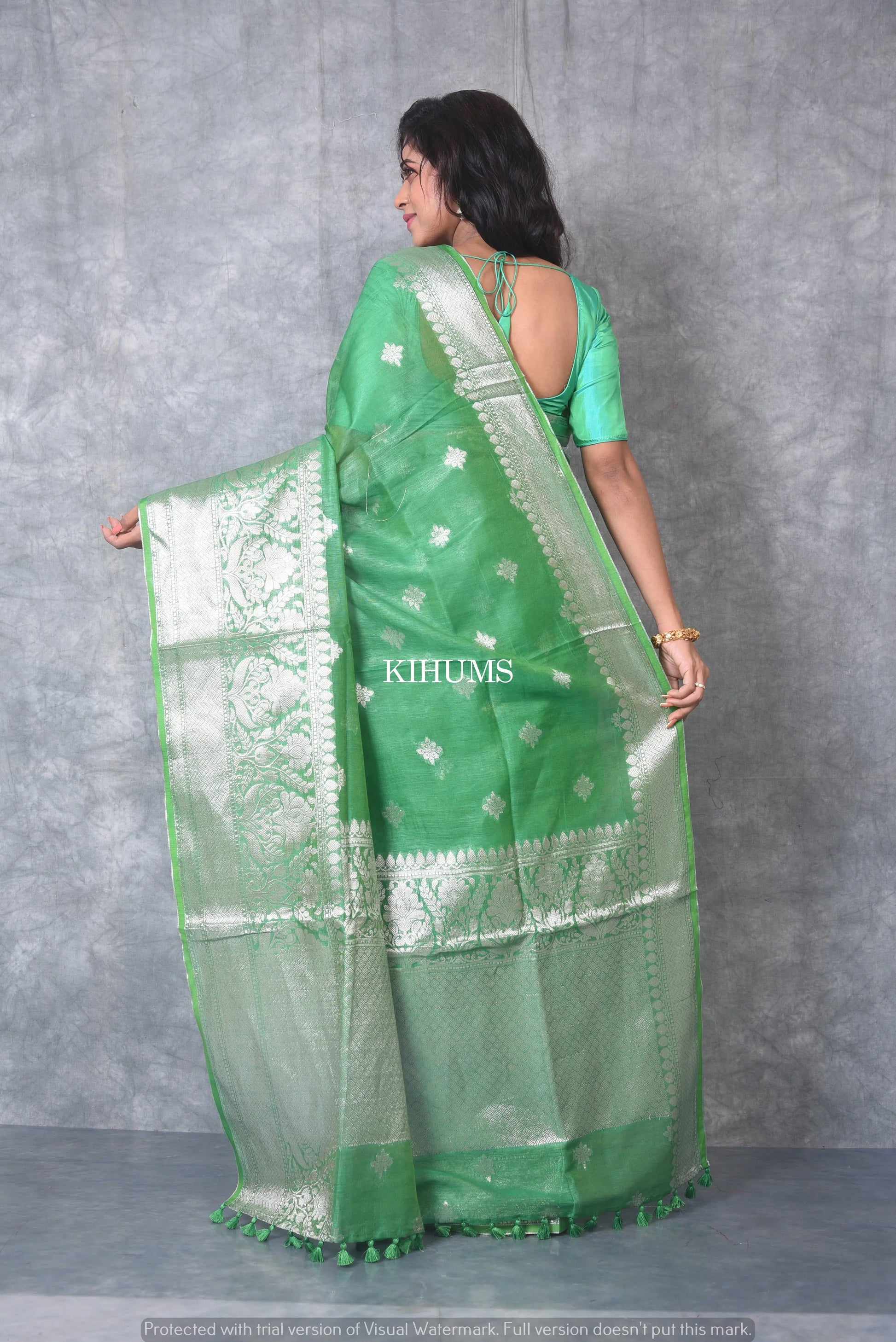 Green Banarasi Silk Linen Saree | Silver Zari Border | KIHUMS Saree kihums clothing