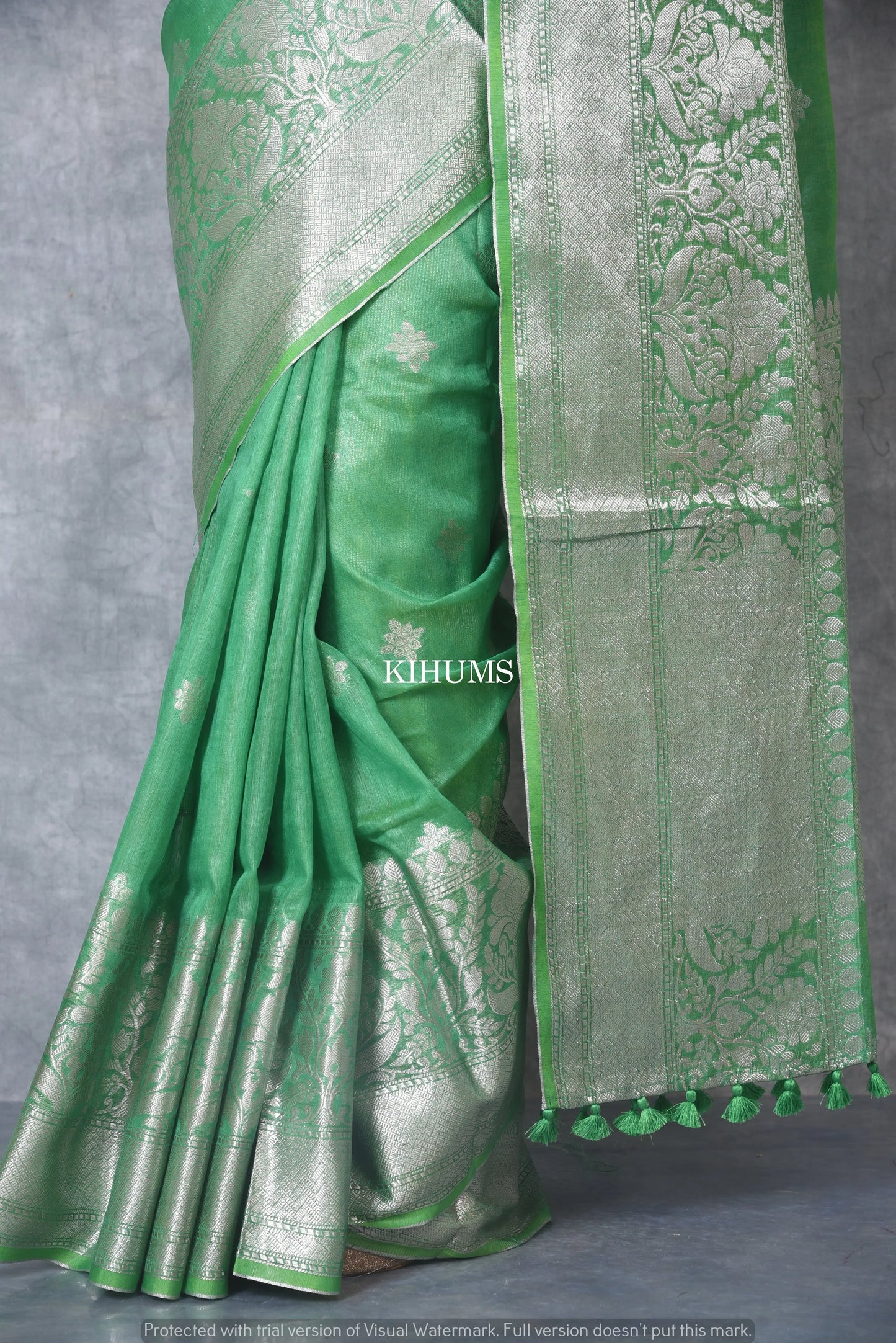 Green Banarasi Silk Linen Saree | Silver Zari Border | KIHUMS Saree kihums clothing