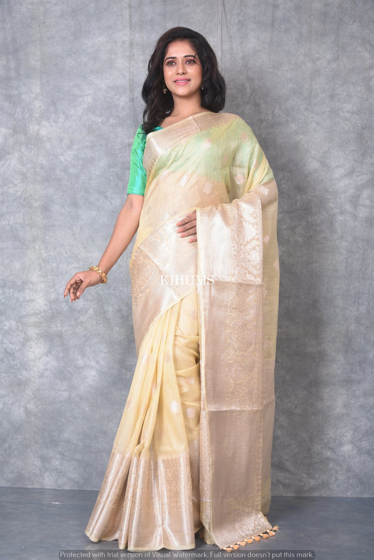 Light Yellow Banarasi Silk Linen Saree | Silver Zari Border | KIHUMS Saree kihums clothing