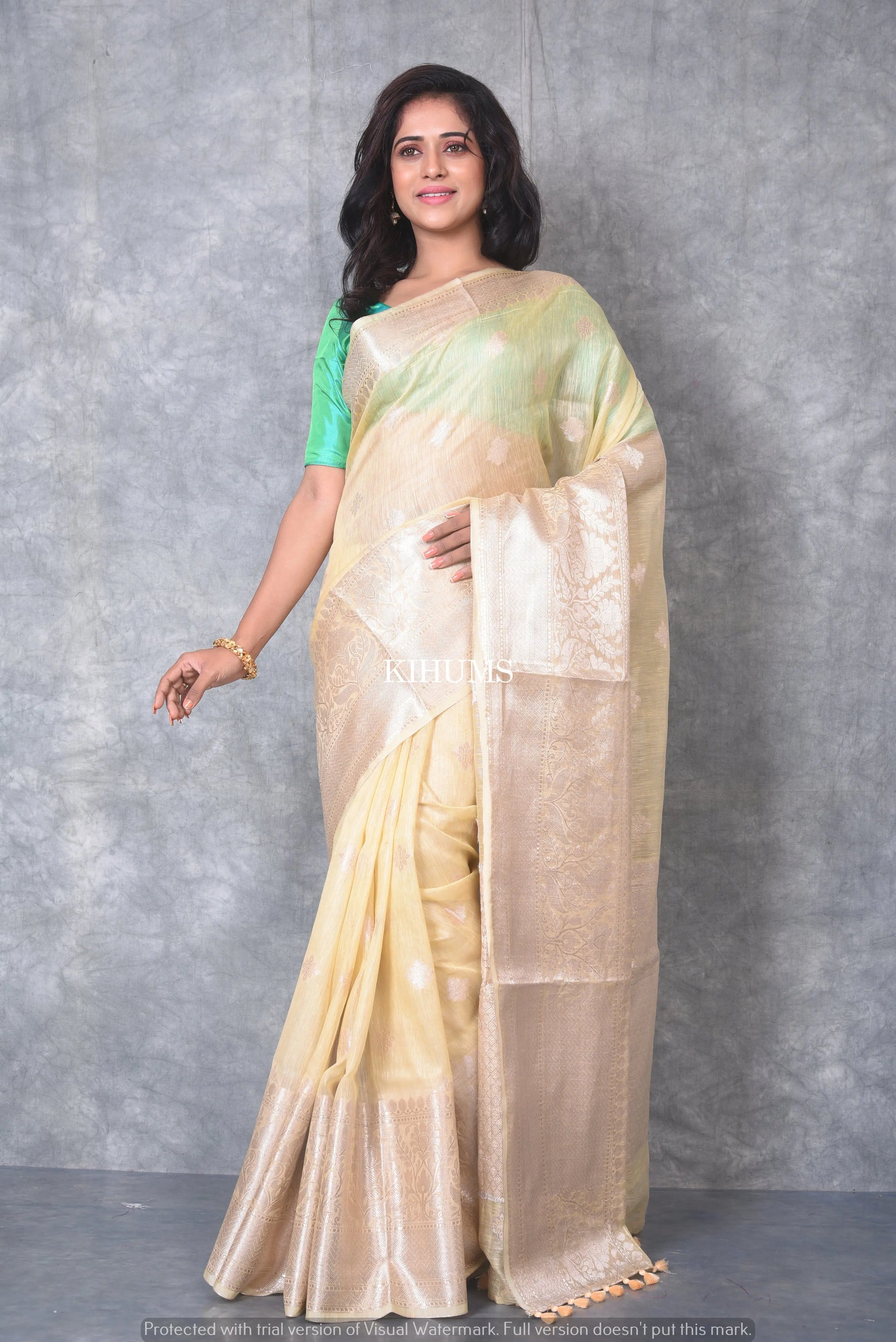 Light Yellow Banarasi Silk Linen Saree | Silver Zari Border | KIHUMS Saree kihums clothing