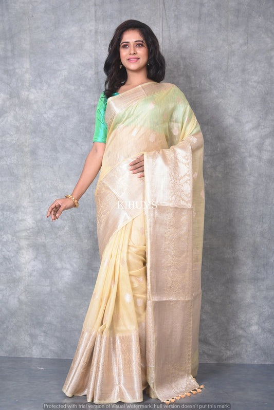 Light Yellow Banarasi Silk Linen Saree | Silver Zari Border | KIHUMS Saree kihums clothing