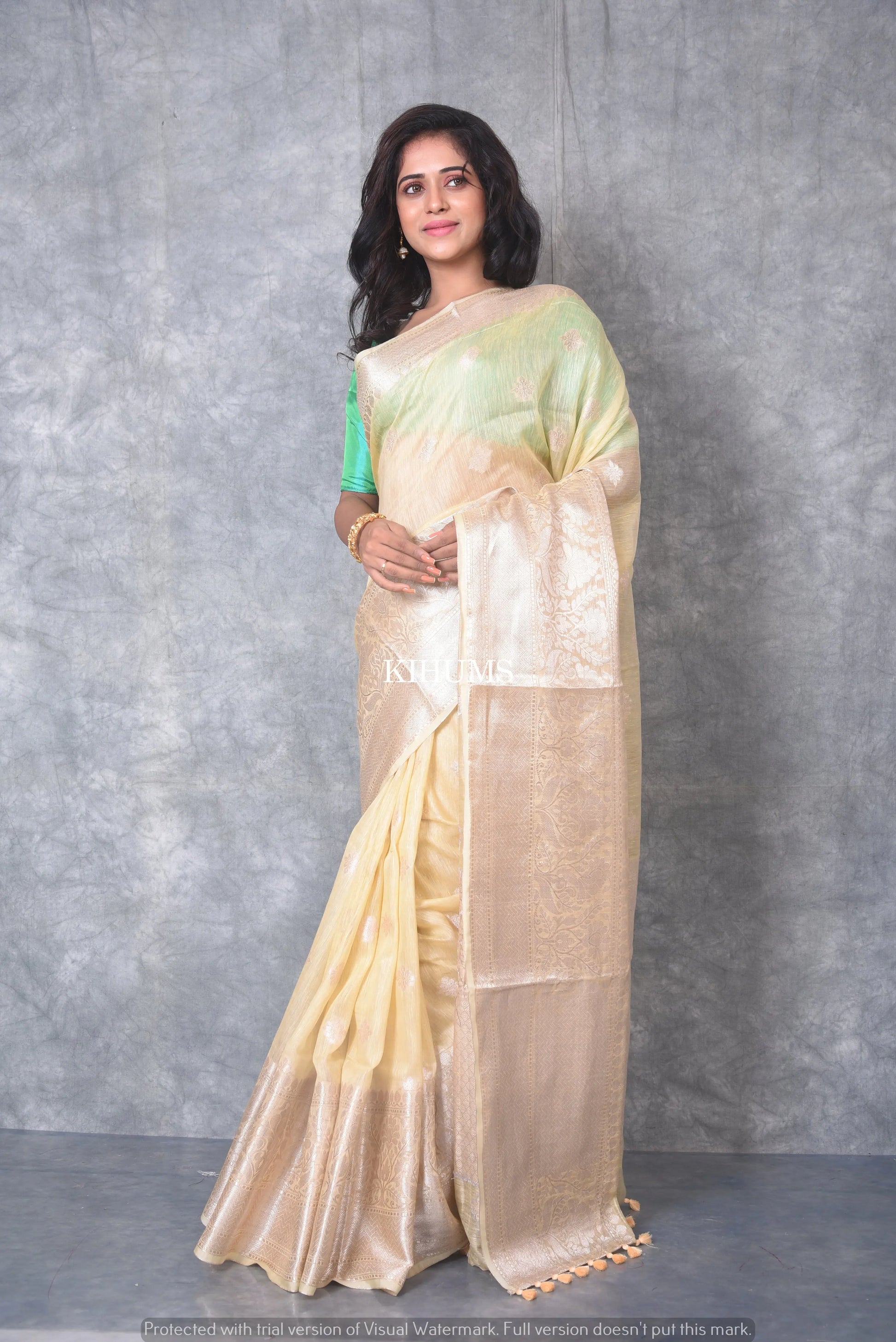 Light Yellow Banarasi Silk Linen Saree | Silver Zari Border | KIHUMS Saree kihums clothing