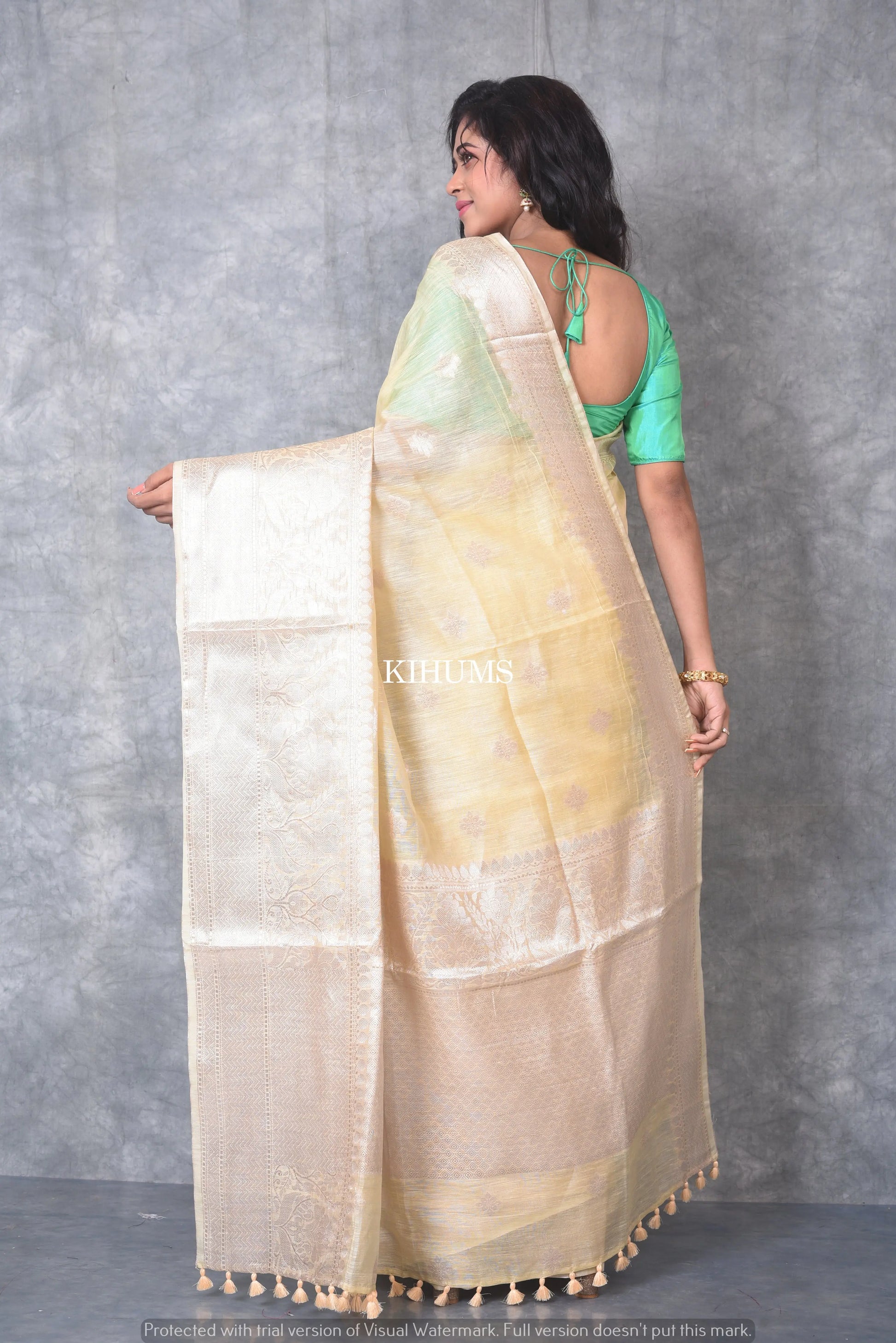 Light Yellow Banarasi Silk Linen Saree | Silver Zari Border | KIHUMS Saree kihums clothing