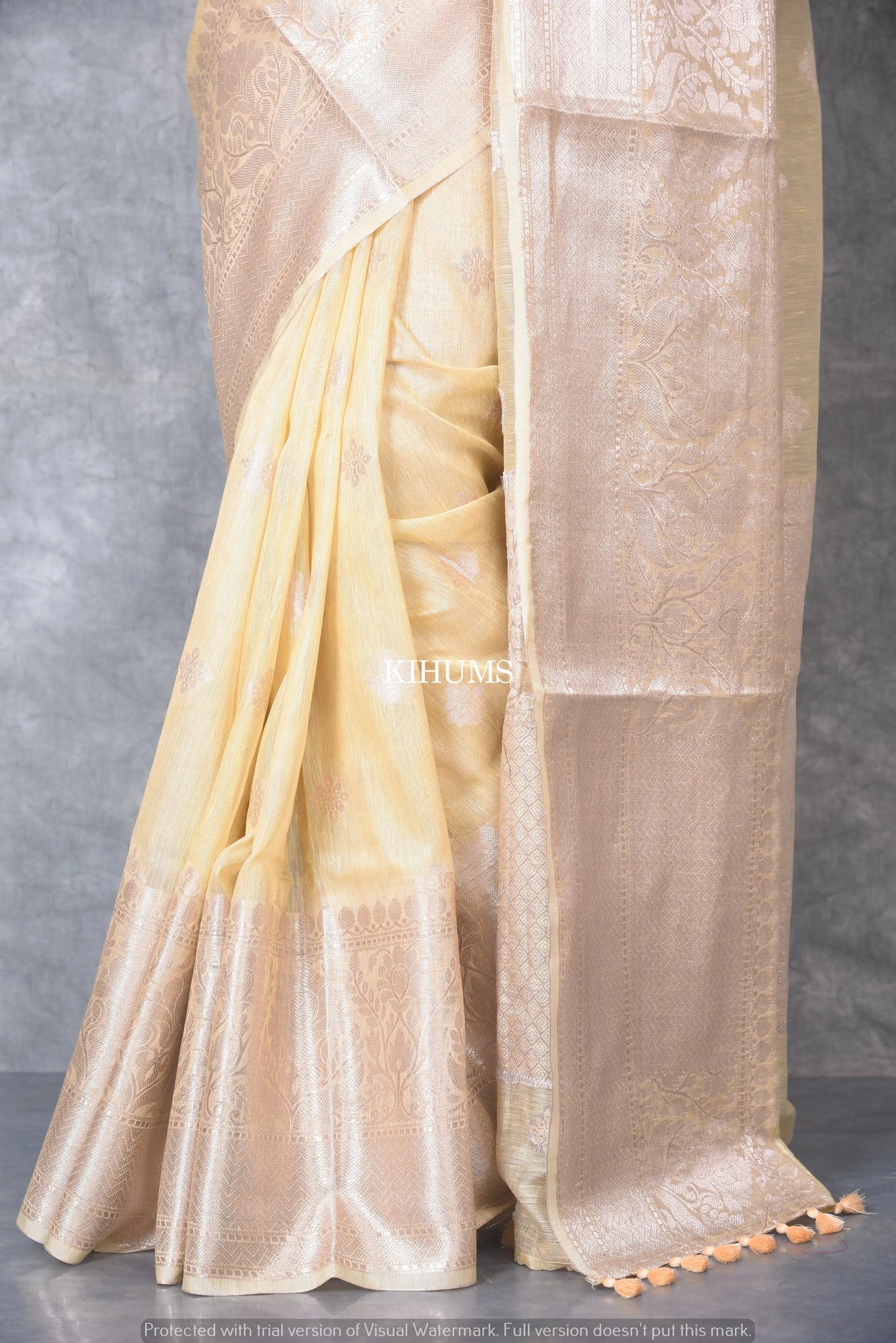 Light Yellow Banarasi Silk Linen Saree | Silver Zari Border | KIHUMS Saree kihums clothing