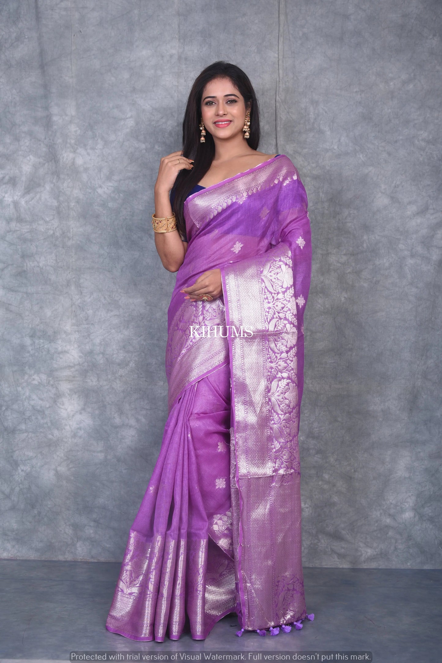 Orchid Shade Banarasi Silk Linen Saree | Silver Zari Border | KIHUMS Saree kihums clothing