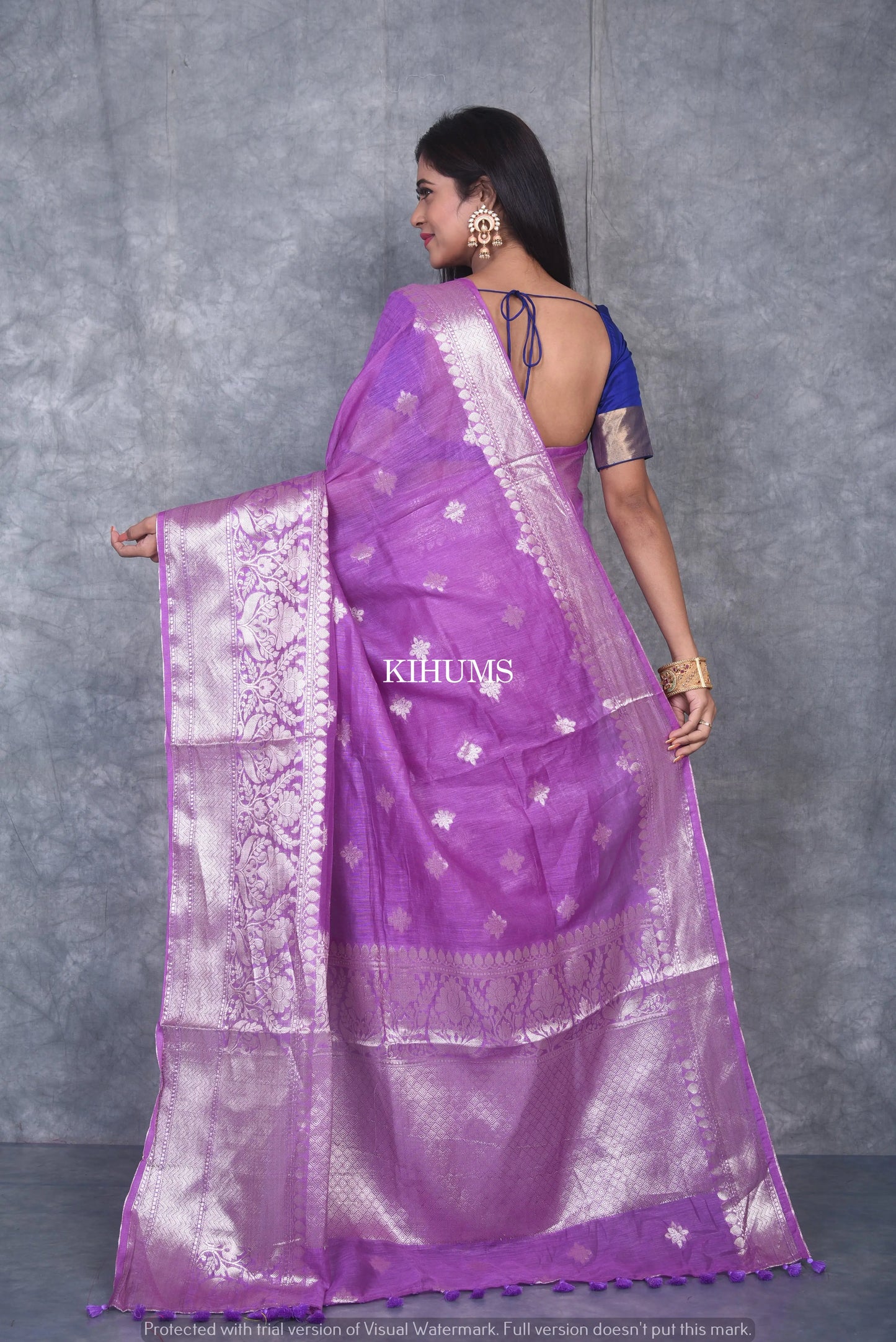 Orchid Shade Banarasi Silk Linen Saree | Silver Zari Border | KIHUMS Saree kihums clothing