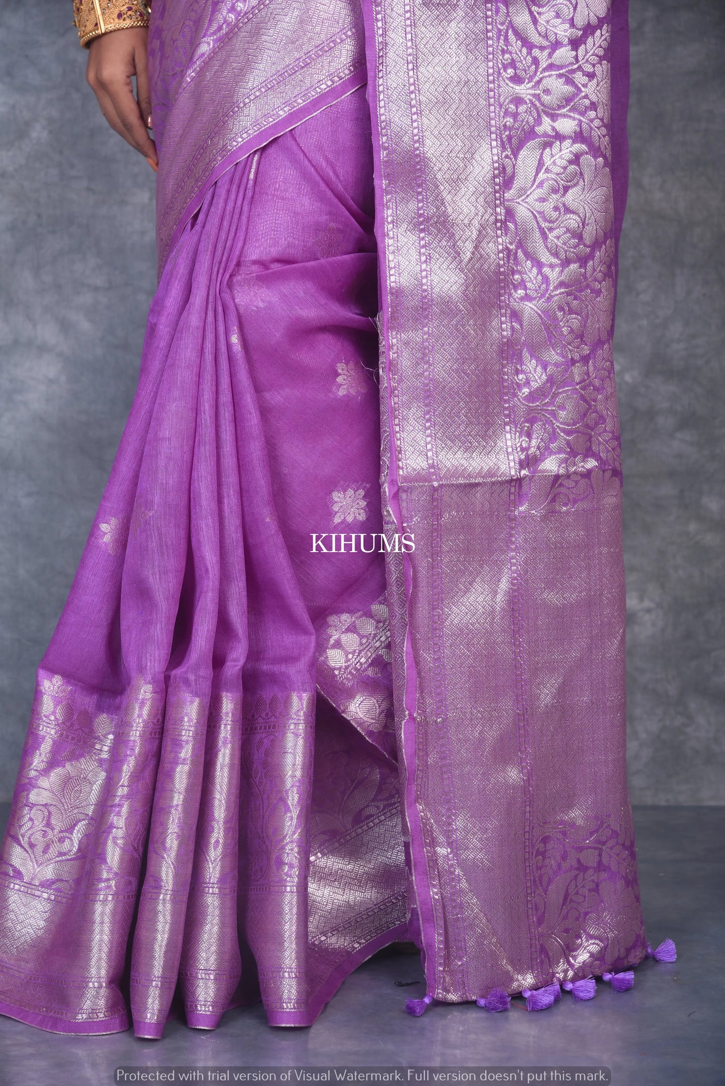 Orchid Shade Banarasi Silk Linen Saree | Silver Zari Border | KIHUMS Saree kihums clothing