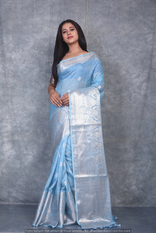 Ice Blue Banarasi Silk Linen Saree | Silver Zari Border | KIHUMS Saree kihums clothing