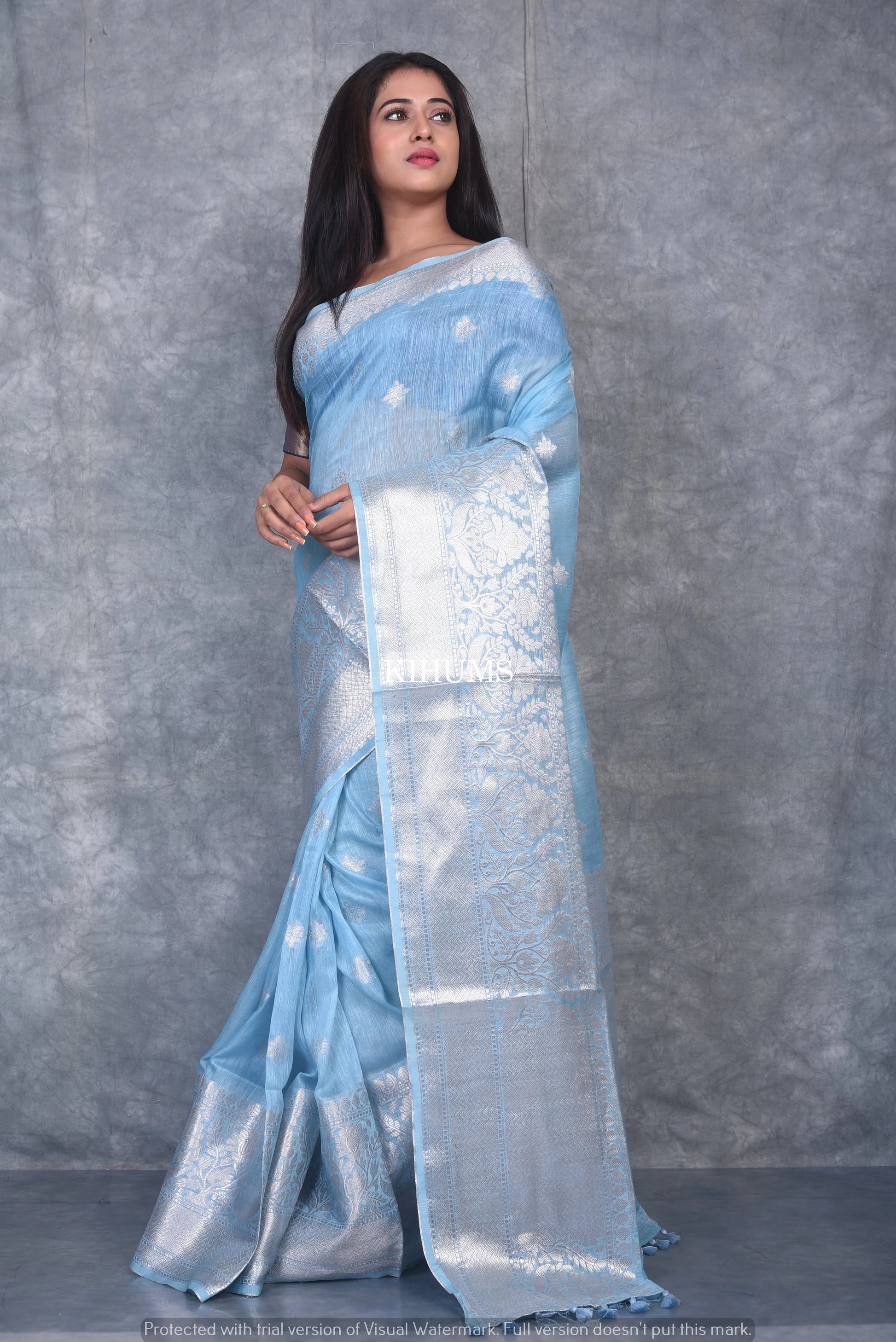 Ice Blue Banarasi Silk Linen Saree | Silver Zari Border | KIHUMS Saree kihums clothing