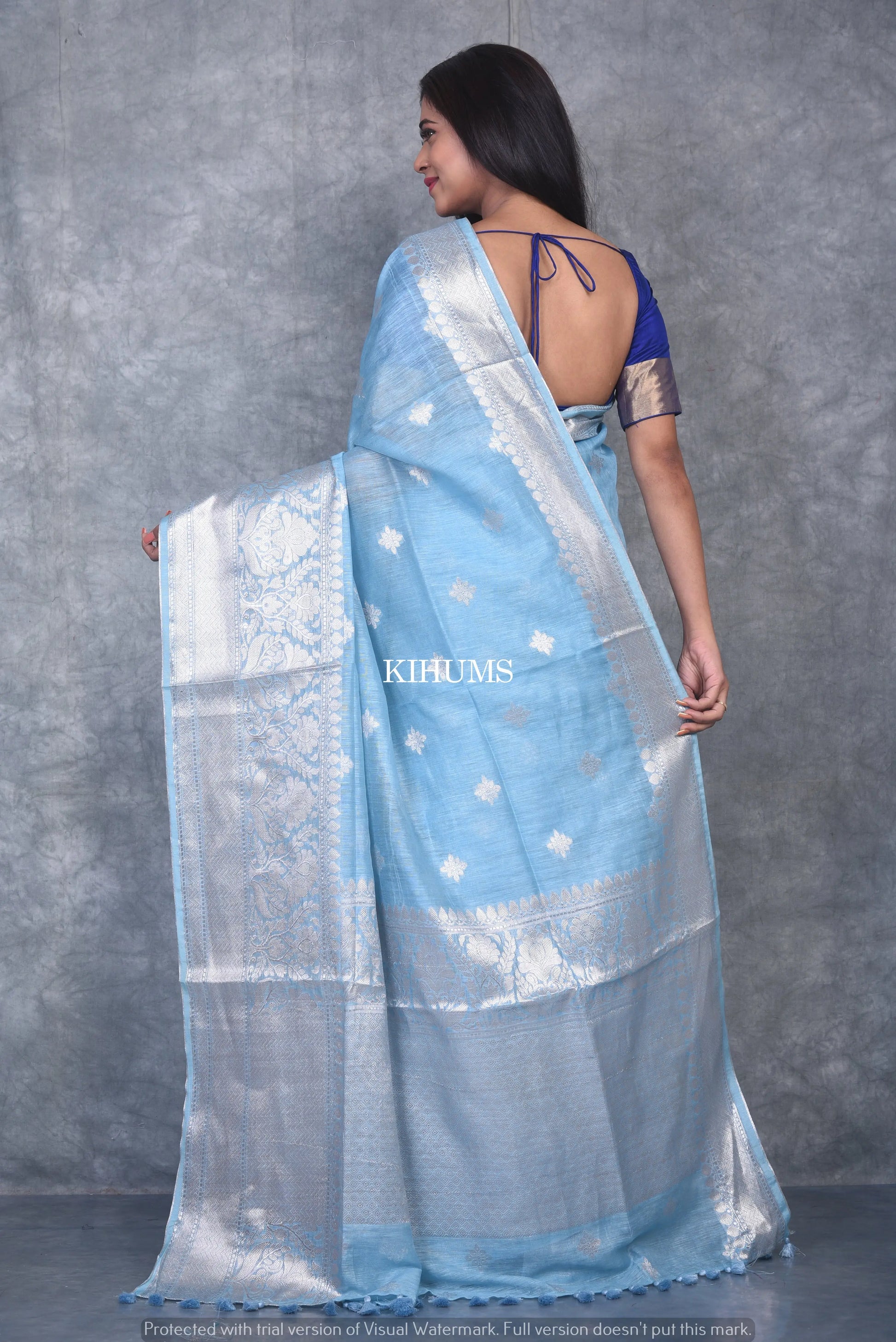 Ice Blue Banarasi Silk Linen Saree | Silver Zari Border | KIHUMS Saree kihums clothing