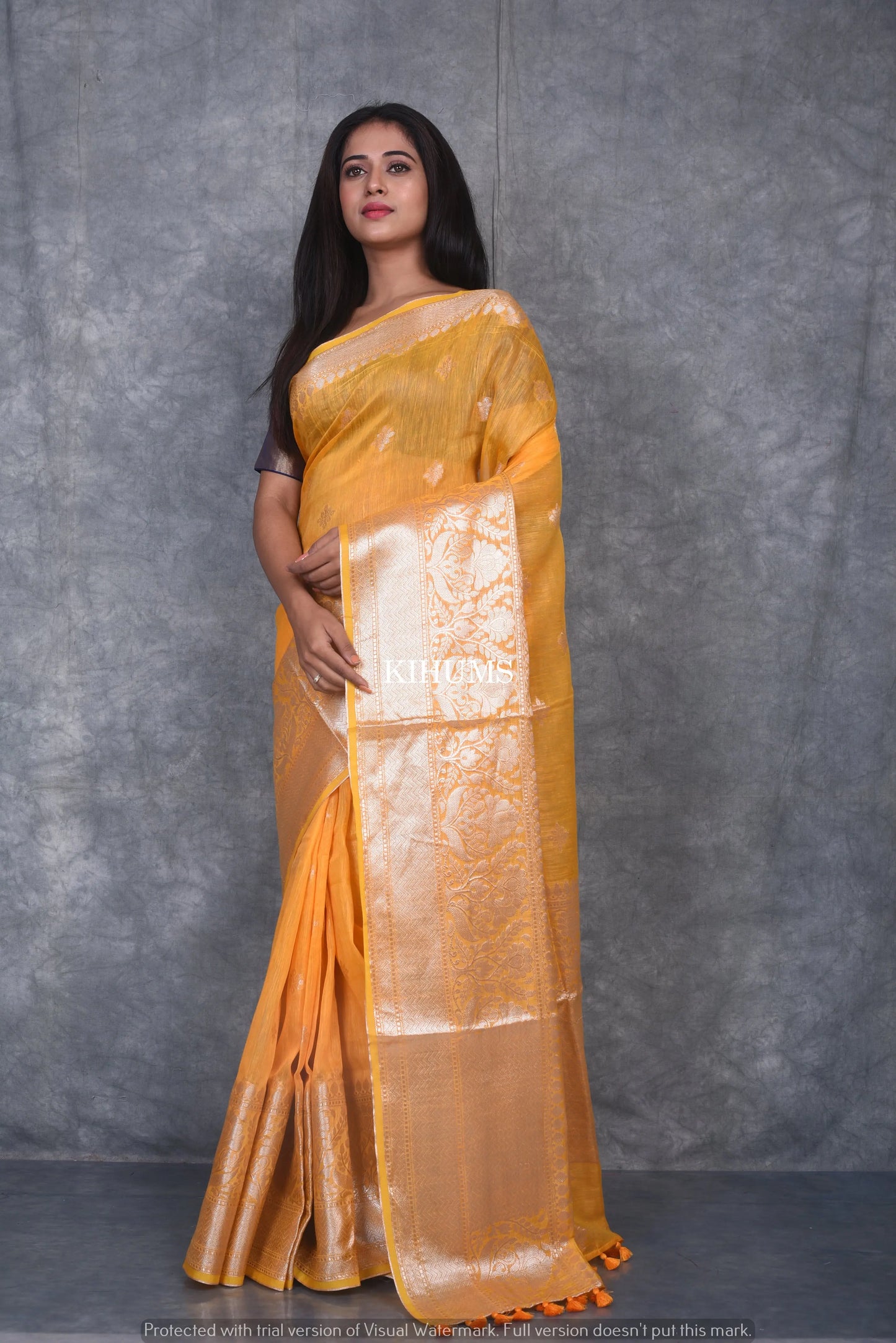 Yellow Shade Banarasi Silk Linen Saree | Silver Zari Border | KIHUMS Saree kihums clothing