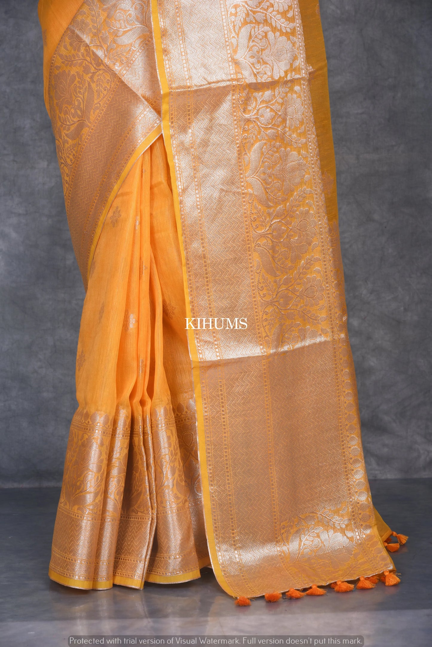Yellow Shade Banarasi Silk Linen Saree | Silver Zari Border | KIHUMS Saree kihums clothing