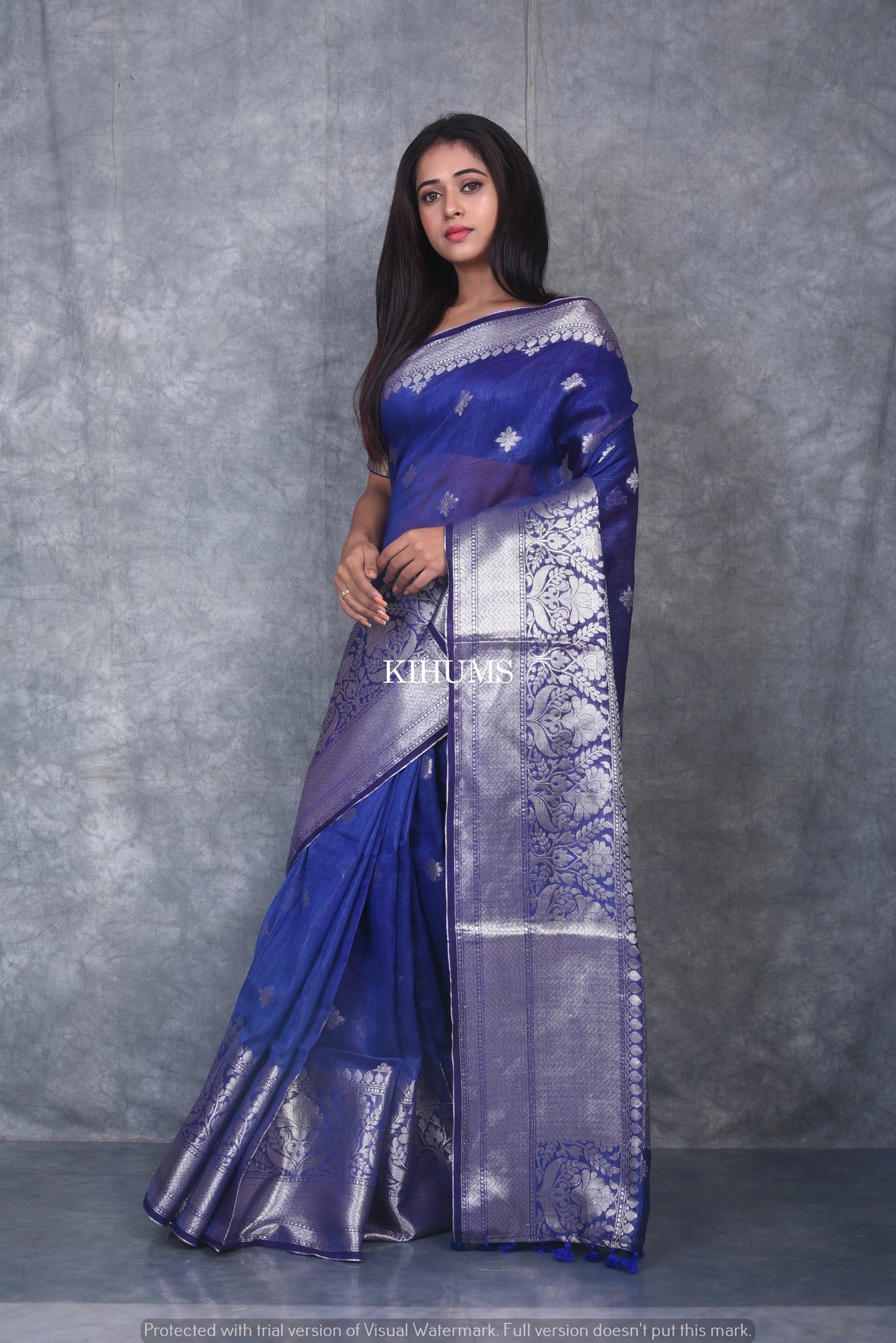 Dark Blue Shade Banarasi Silk Linen Saree | Silver Zari Border | KIHUMS Saree kihums clothing