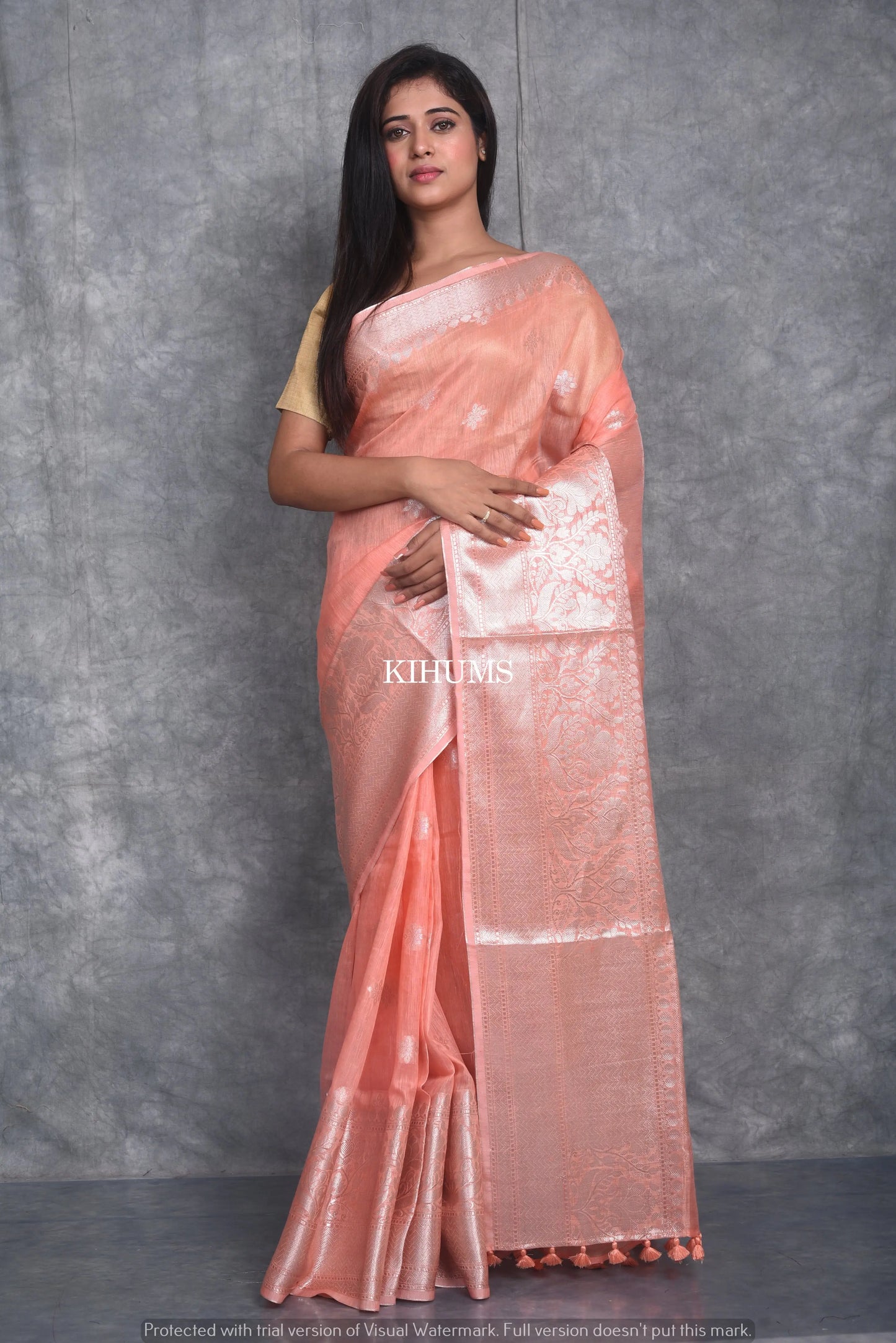 Peach Shade Banarasi Silk Linen Saree | Silver Zari Border | KIHUMS Saree kihums clothing