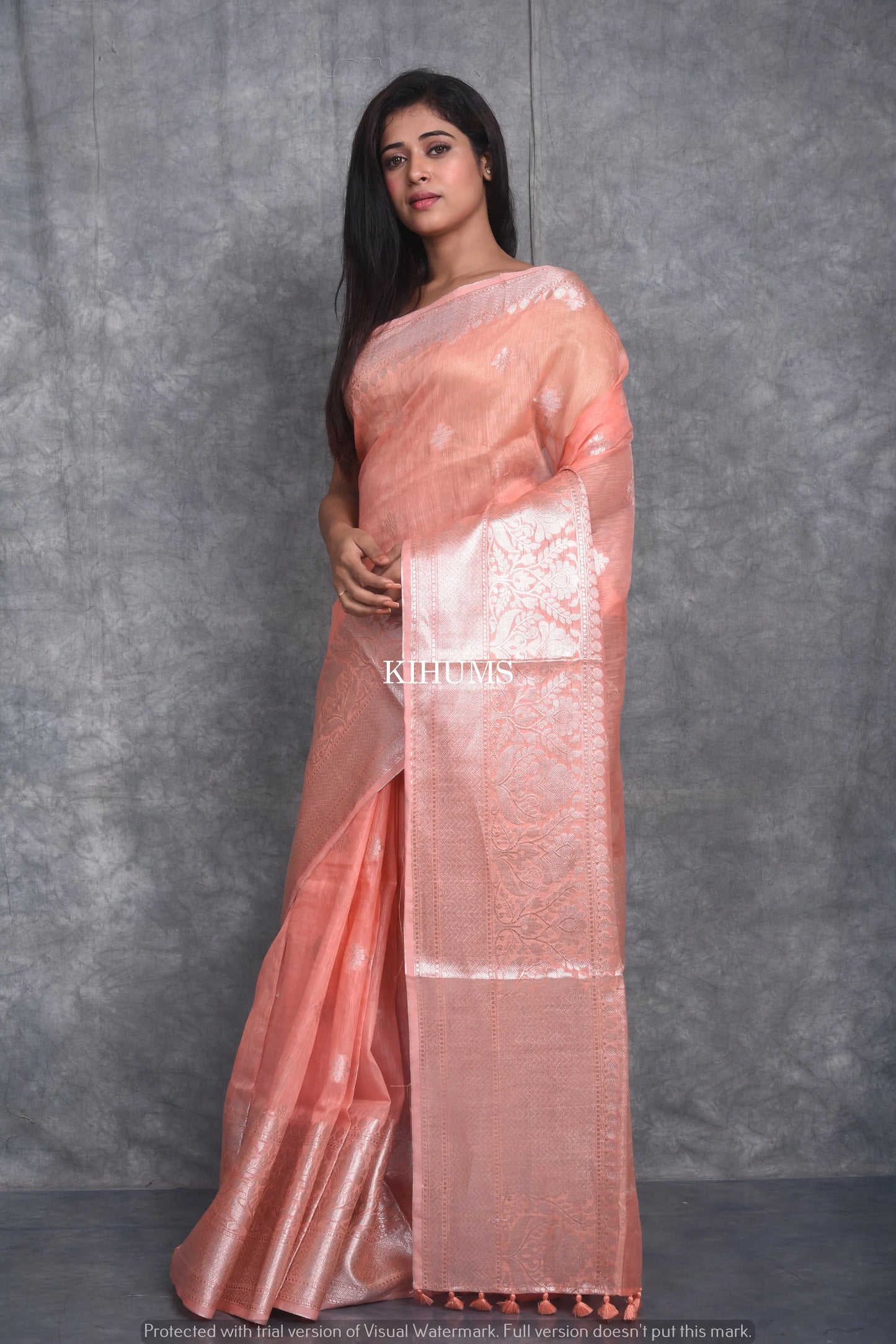 Peach Shade Banarasi Silk Linen Saree | Silver Zari Border | KIHUMS Saree kihums clothing