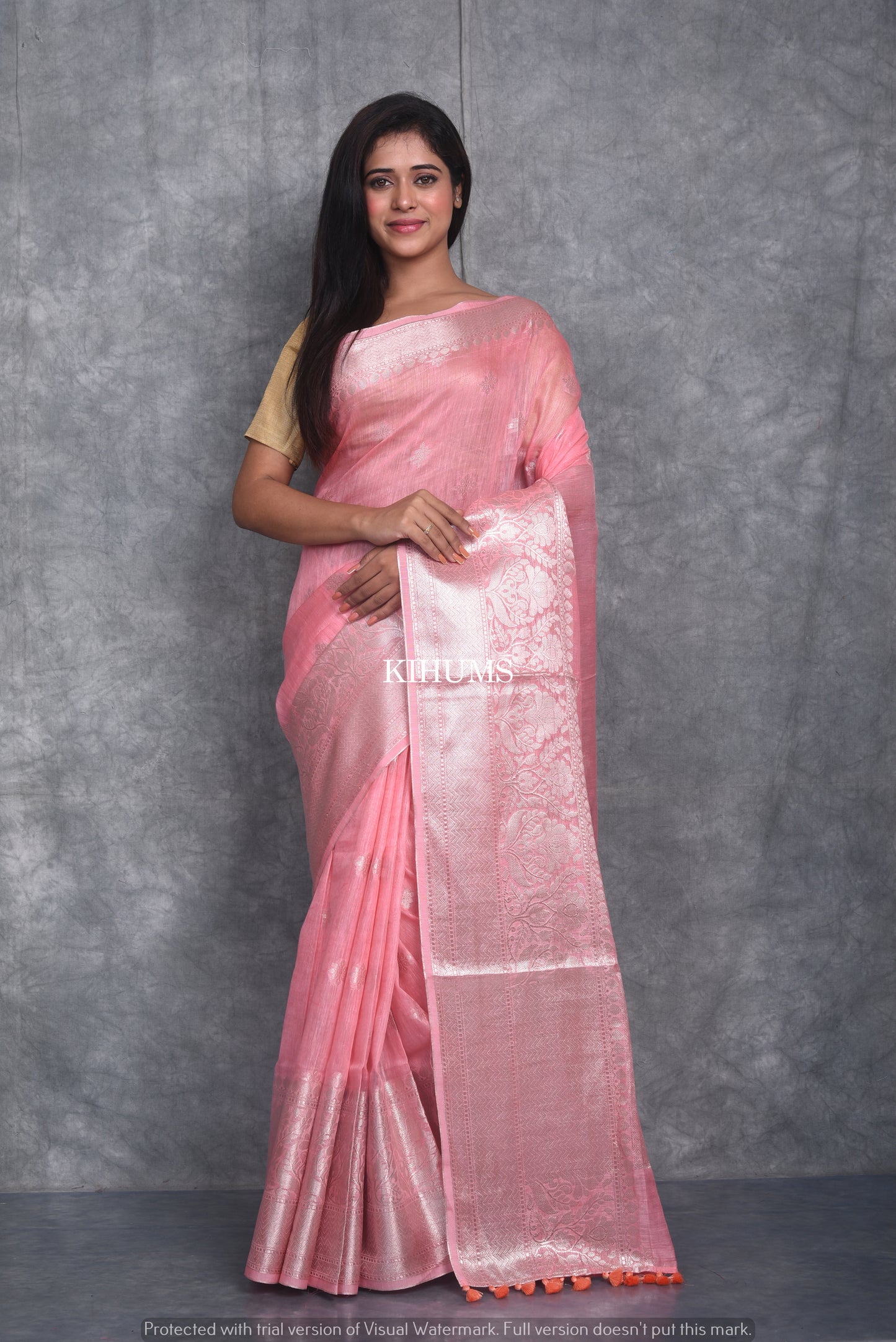 Pink Shade Banarasi Silk Linen Saree | Silver Zari Border | KIHUMS Saree