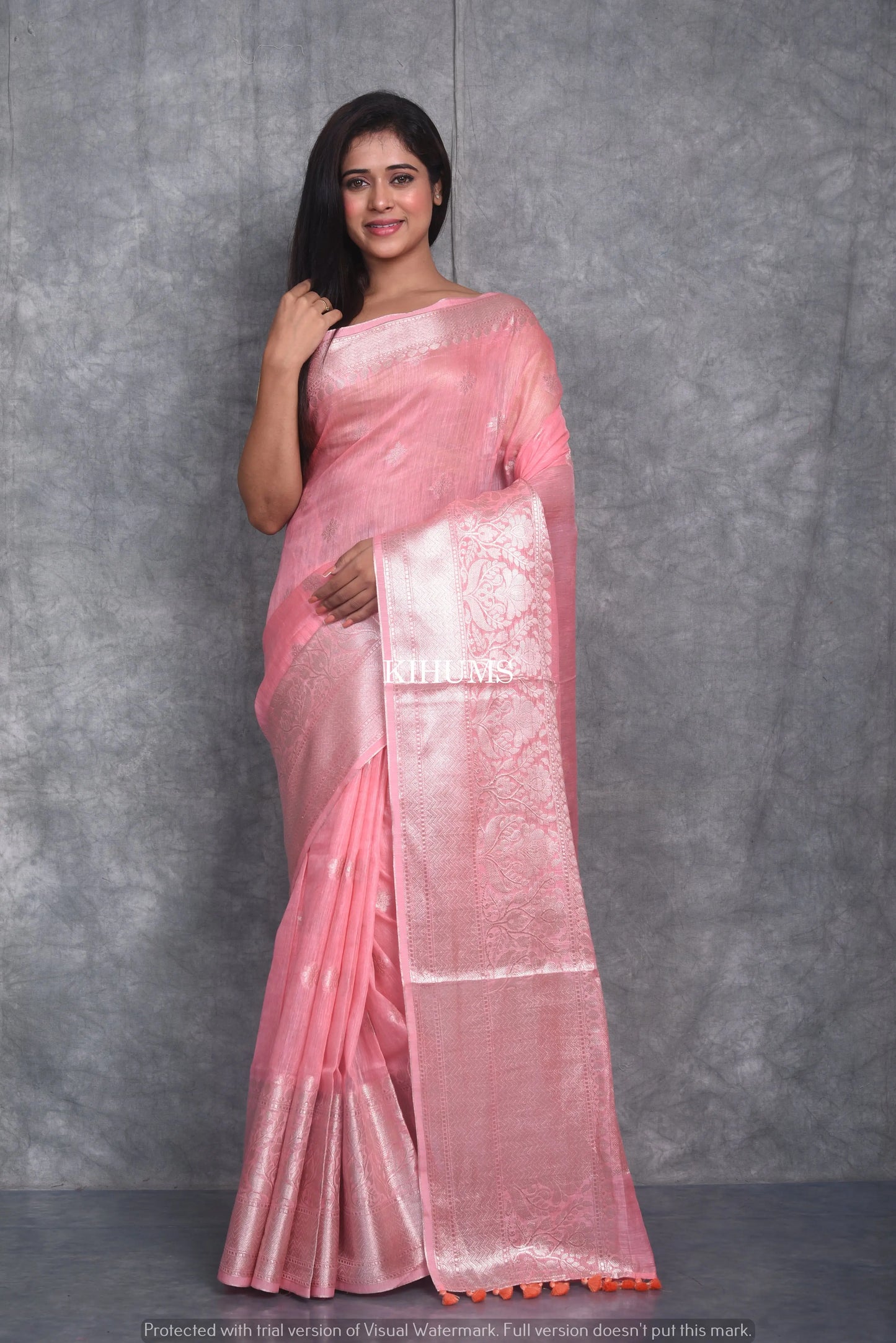 Pink Shade Banarasi Silk Linen Saree | Silver Zari Border | KIHUMS Saree kihums clothing