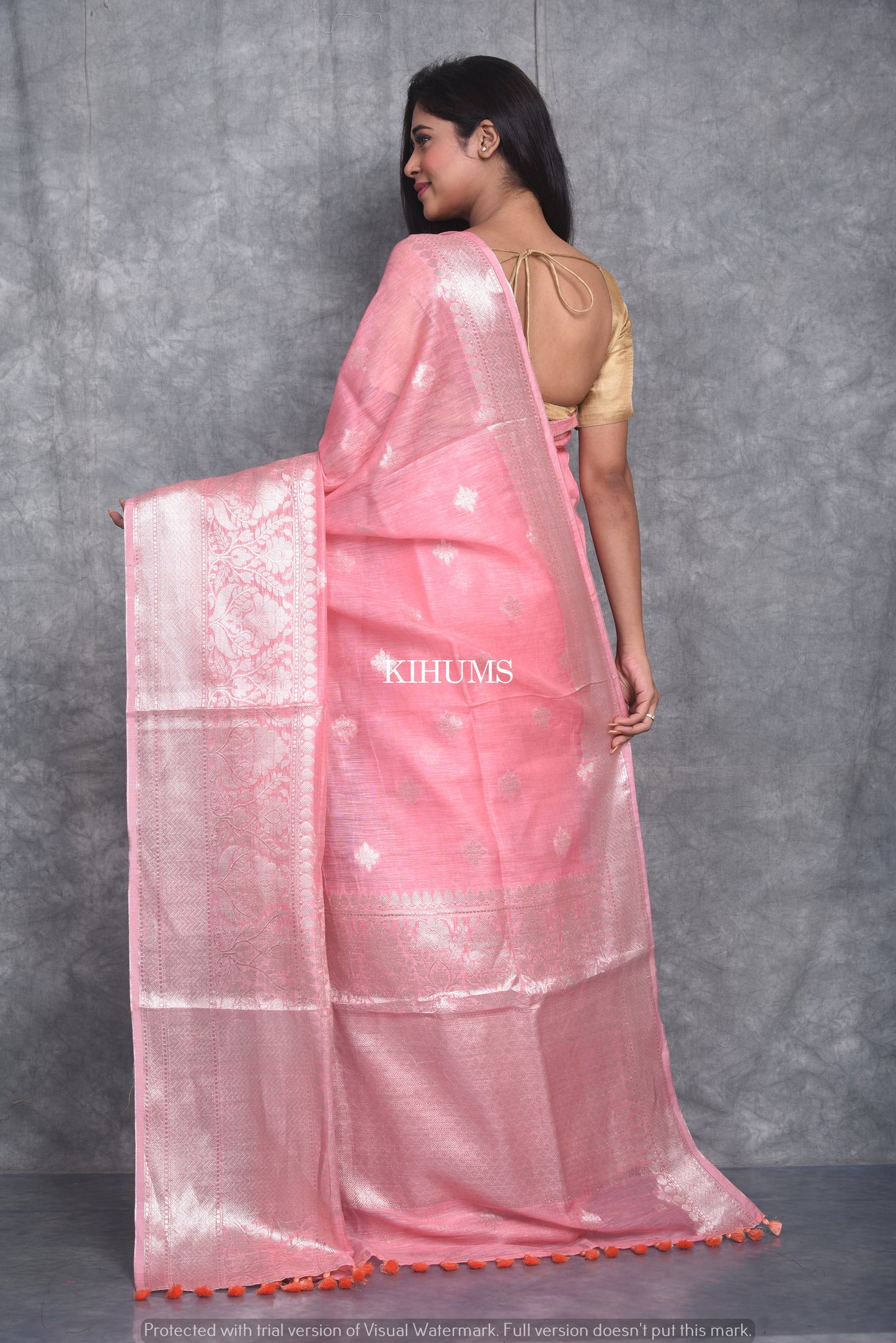 Pink Shade Banarasi Silk Linen Saree | Silver Zari Border | KIHUMS Saree
