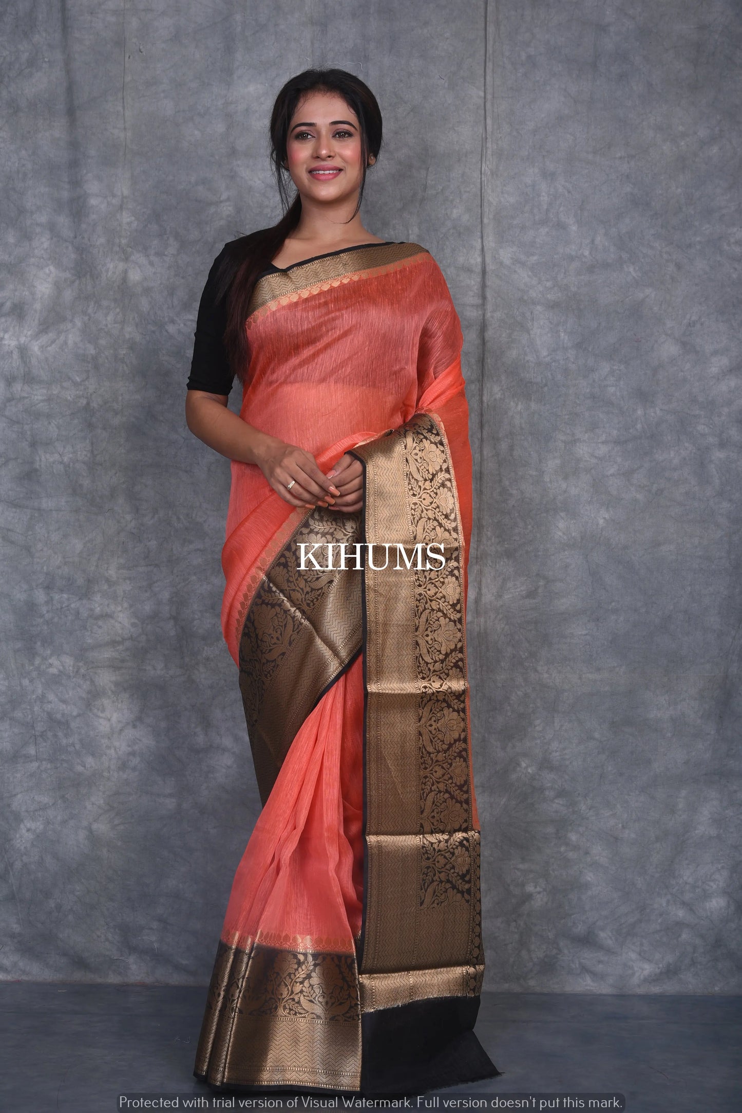 Banarasi Silk Linen Saree | Black and Gold Zari Border | Red Body | KIHUMS Saree kihums clothing