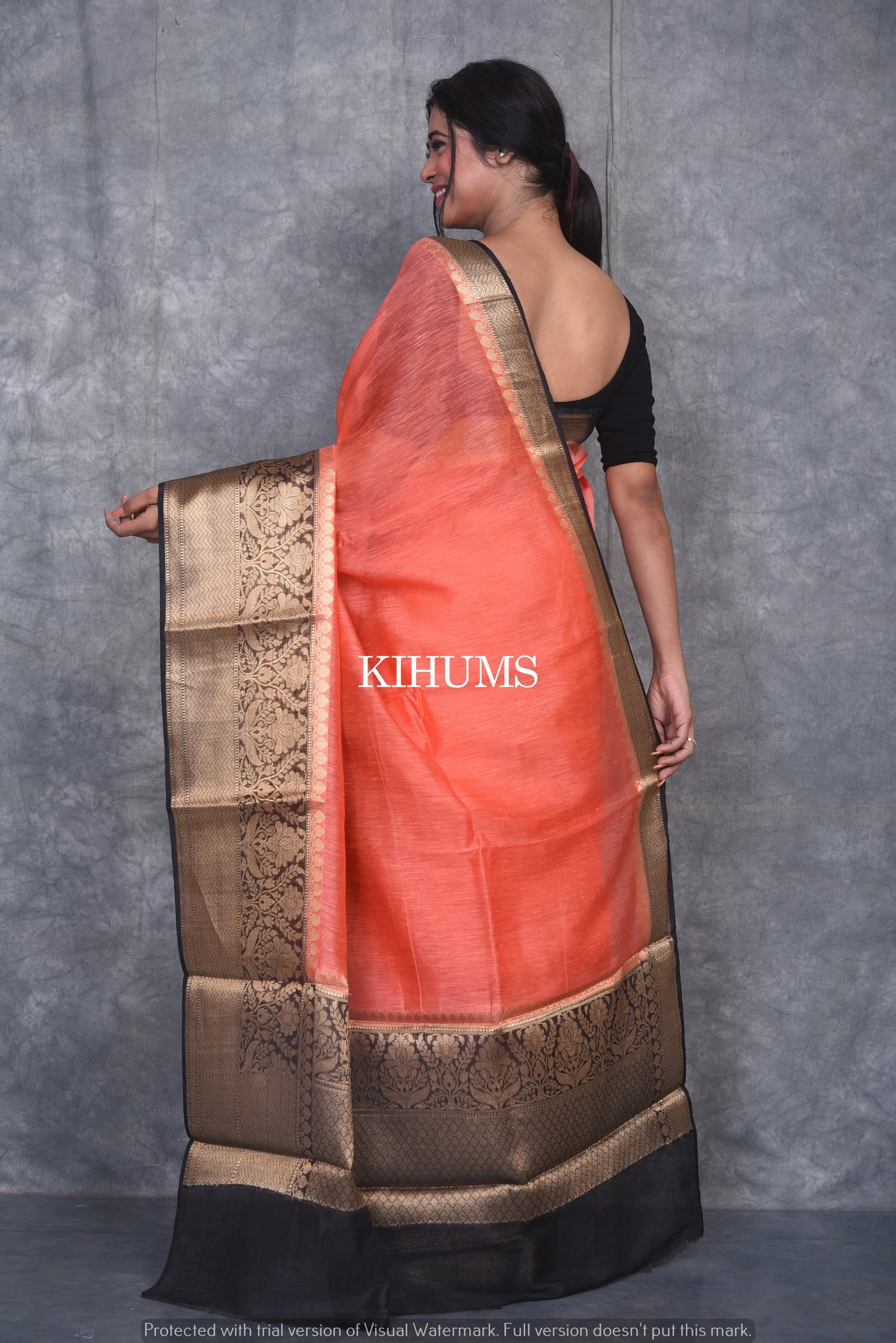 Banarasi Silk Linen Saree | Black and Gold Zari Border | Red Body | KIHUMS Saree kihums clothing