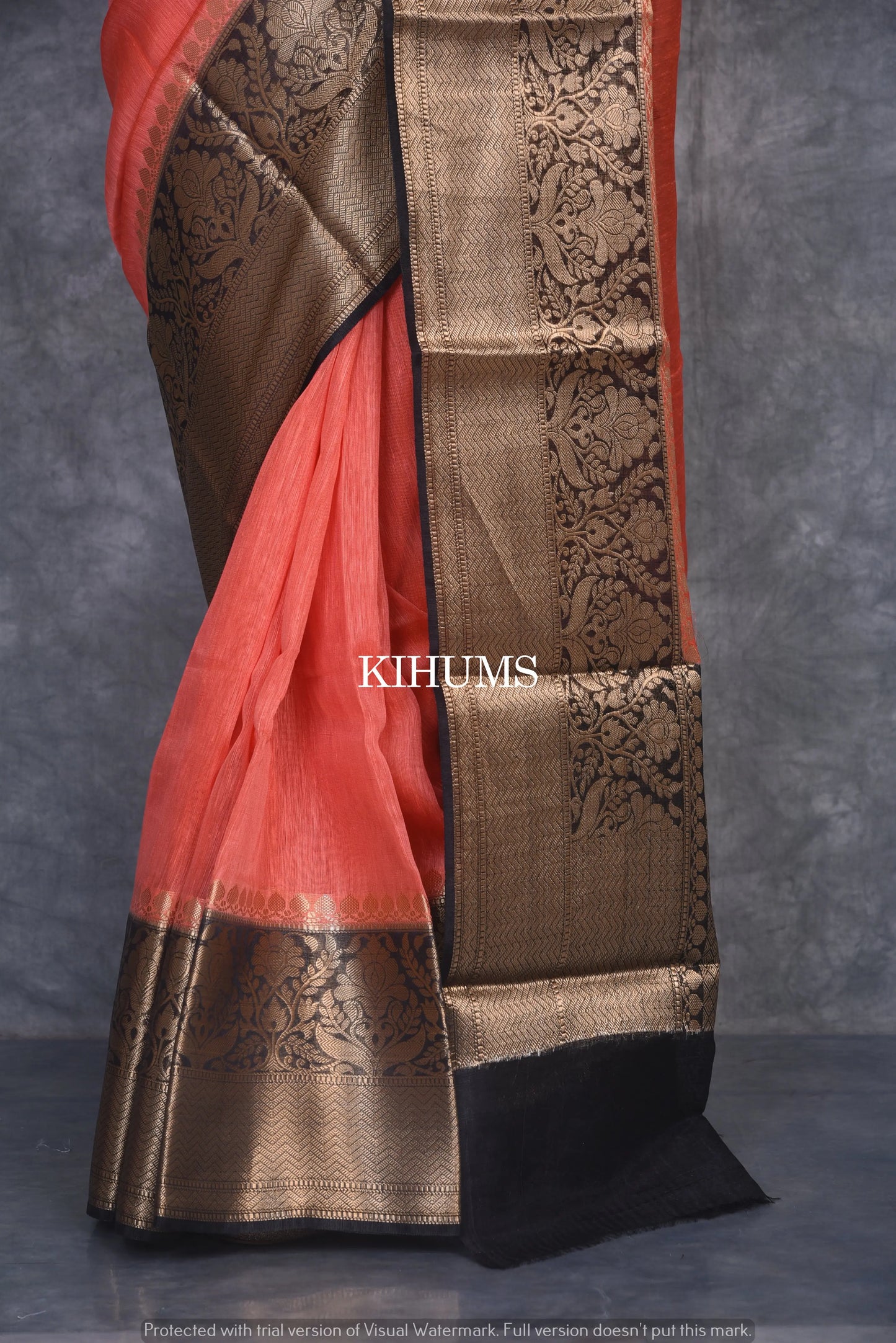 Banarasi Silk Linen Saree | Black and Gold Zari Border | Red Body | KIHUMS Saree kihums clothing