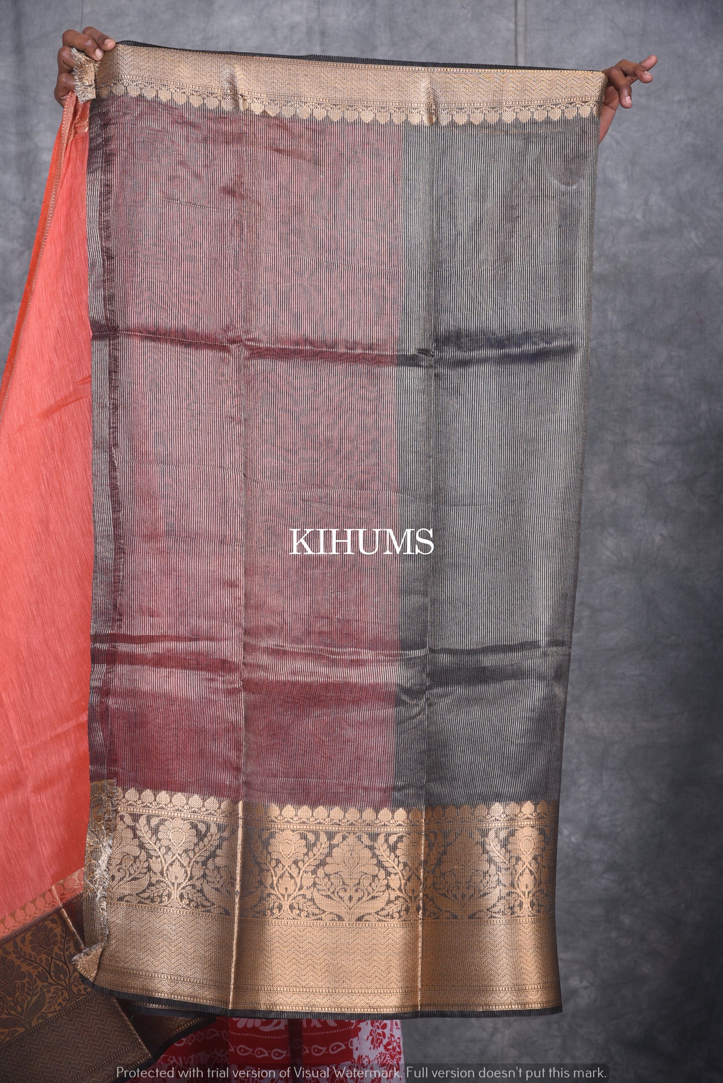 Banarasi Silk Linen Saree | Black and Gold Zari Border | Red Body | KIHUMS Saree