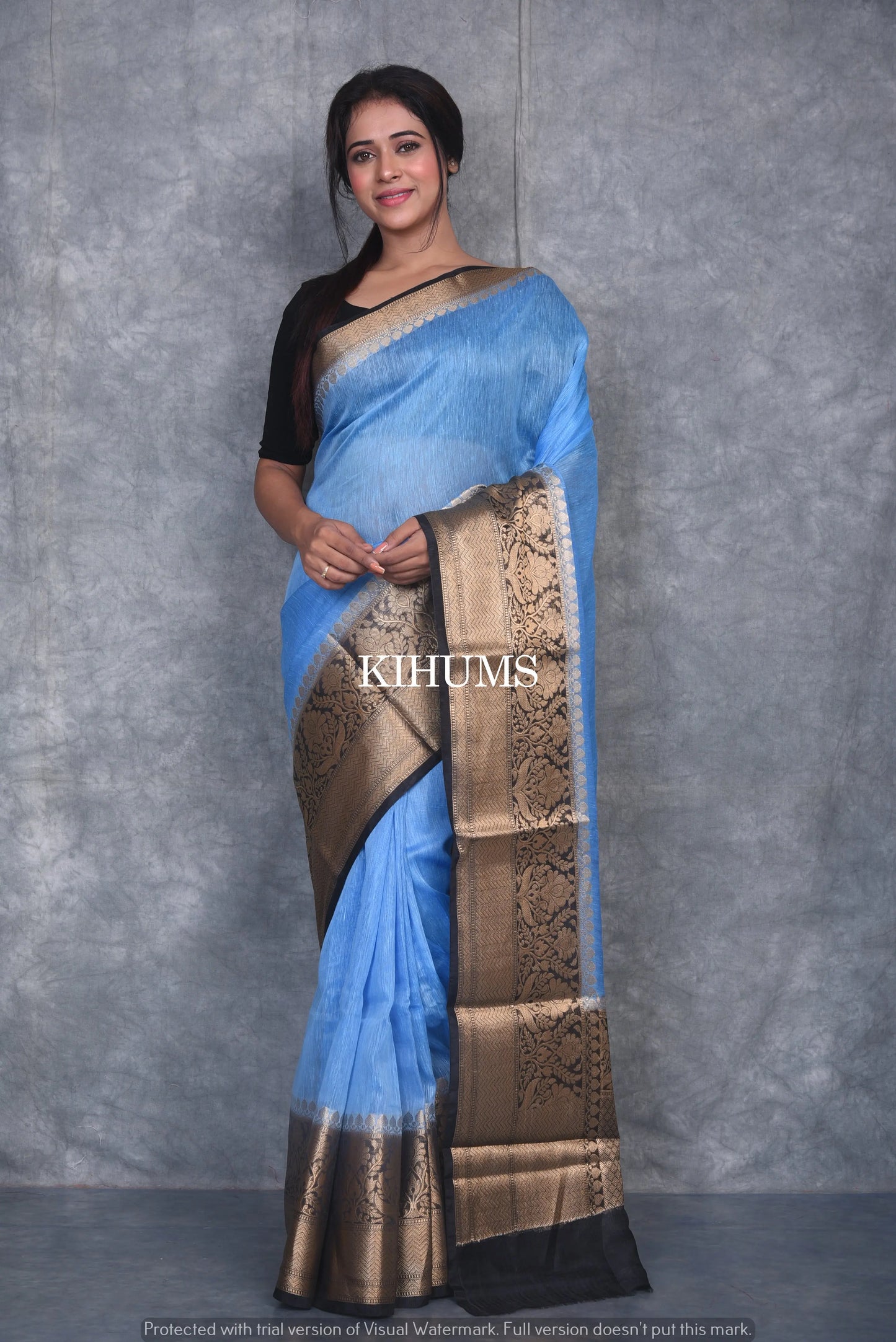 Banarasi Silk Linen Saree | Black and Gold Zari Border | Blue Body | KIHUMS Saree kihums clothing