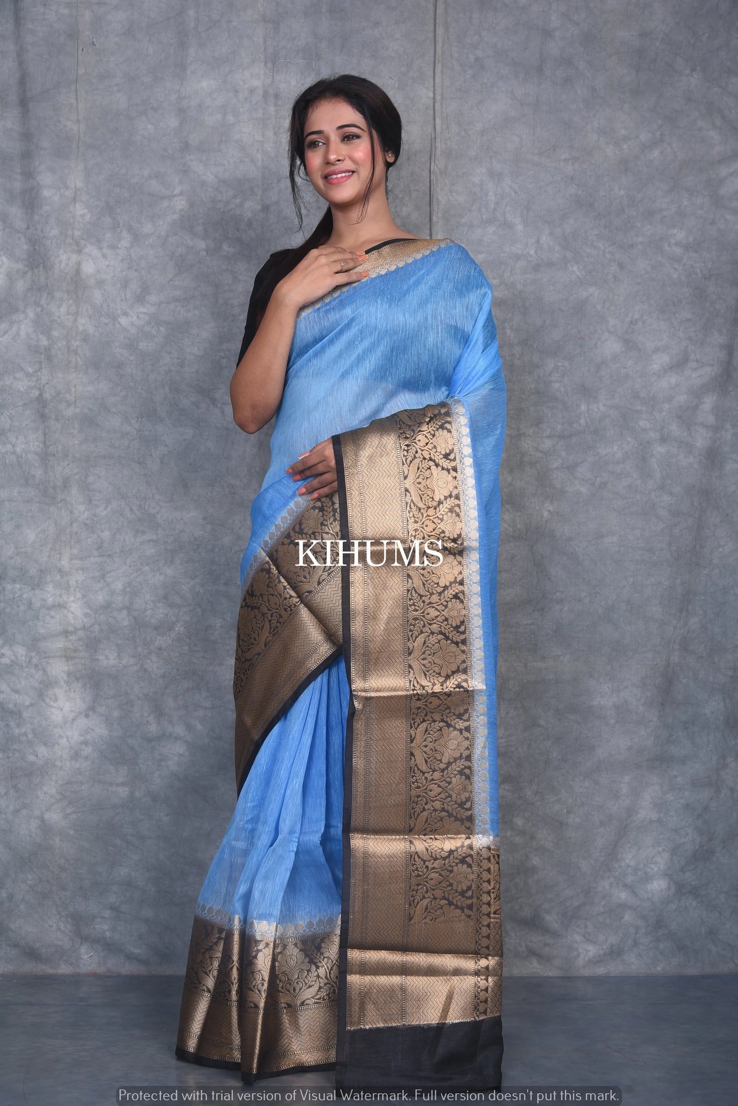 Banarasi Silk Linen Saree | Black and Gold Zari Border | Blue Body | KIHUMS Saree kihums clothing
