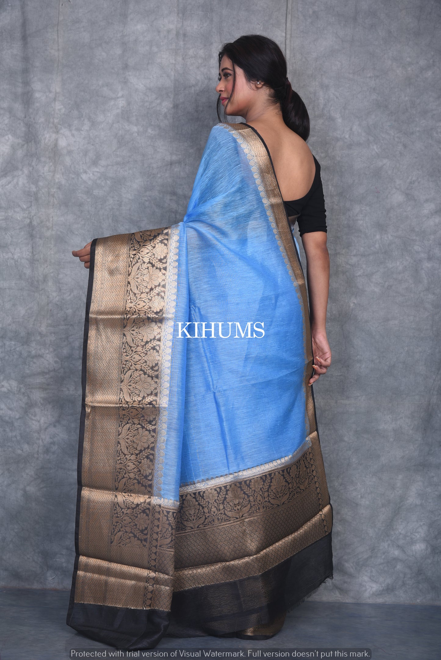 Banarasi Silk Linen Saree | Black and Gold Zari Border | Blue Body | KIHUMS Saree