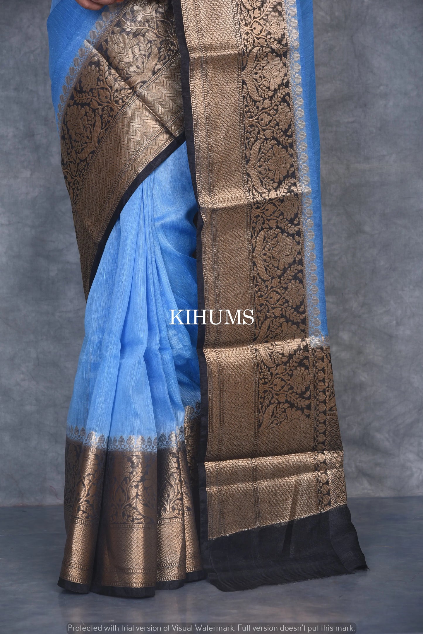 Banarasi Silk Linen Saree | Black and Gold Zari Border | Blue Body | KIHUMS Saree kihums clothing