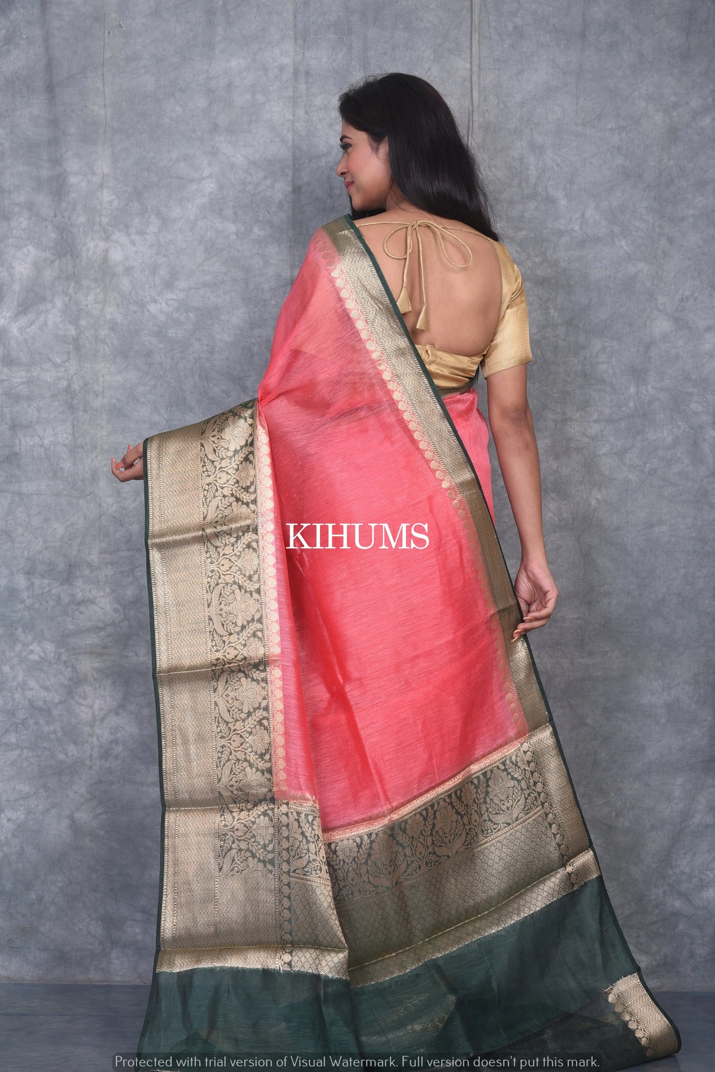 Banarasi Silk Linen Saree | Dark Green and Gold Zari Border | Tomato Pink Body | KIHUMS Saree