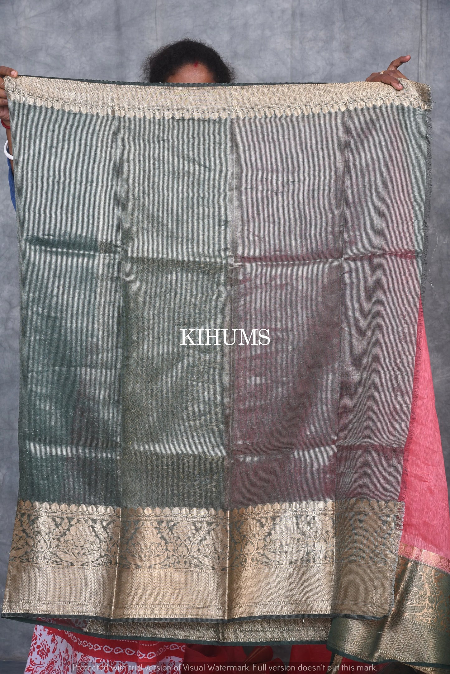Banarasi Silk Linen Saree | Dark Green and Gold Zari Border | Tomato Pink Body | KIHUMS Saree