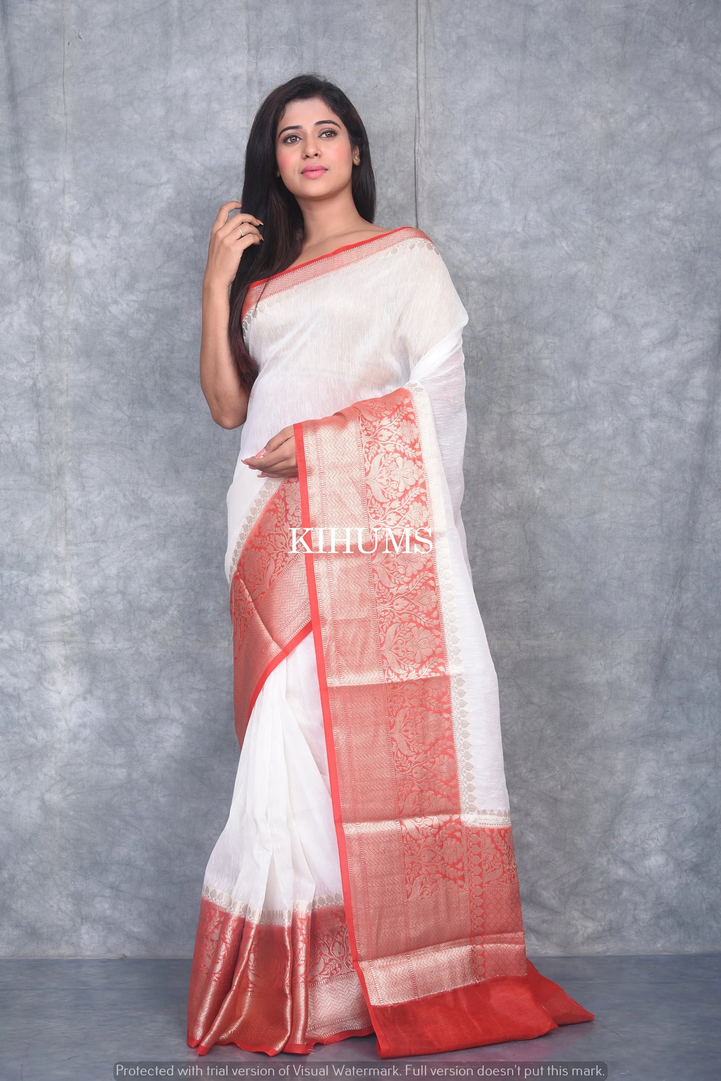 Banarasi Silk Linen Saree | Red and Gold Zari Border | White Body | KIHUMS Saree kihums clothing