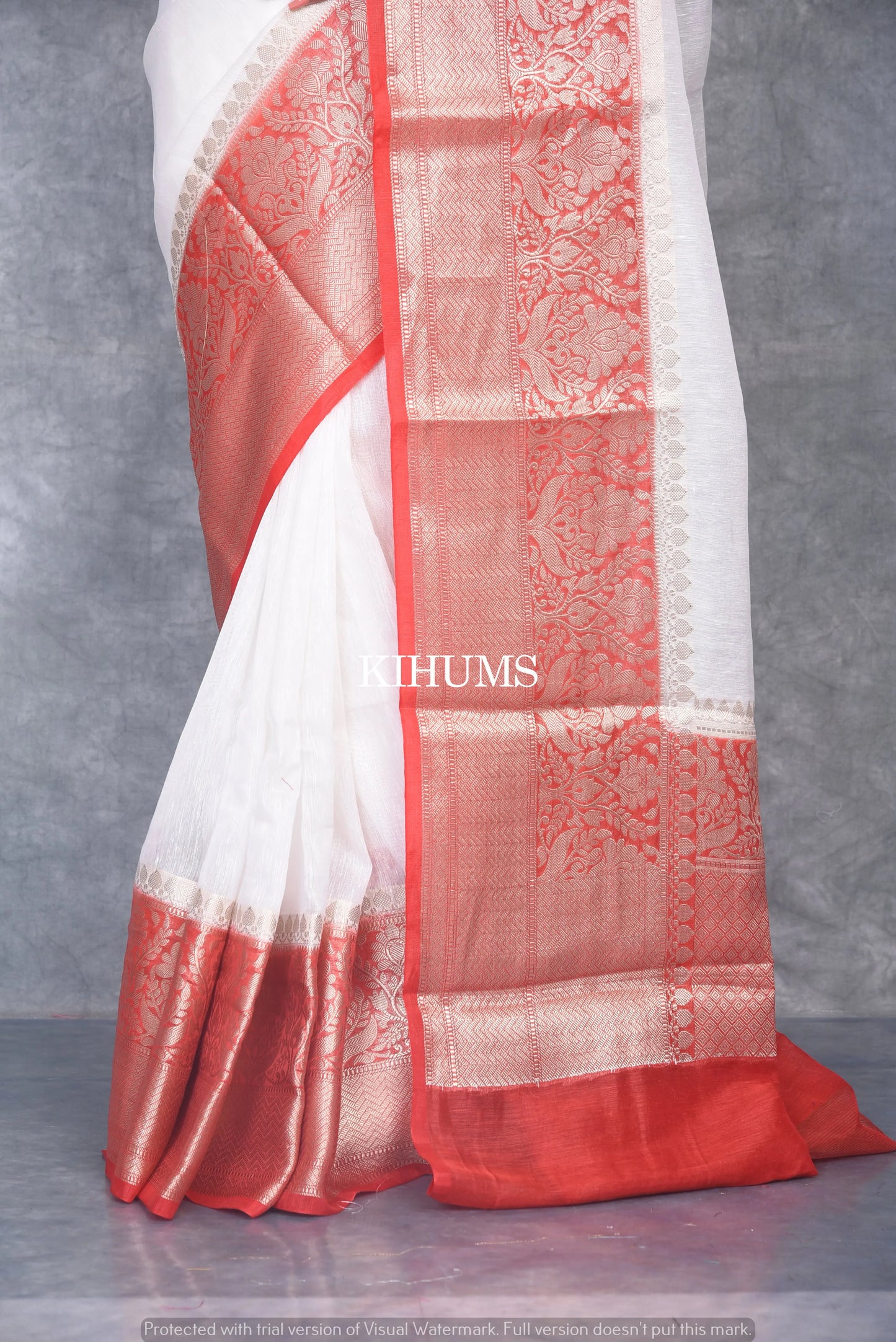 Banarasi Silk Linen Saree | Red and Gold Zari Border | White Body | KIHUMS Saree kihums clothing