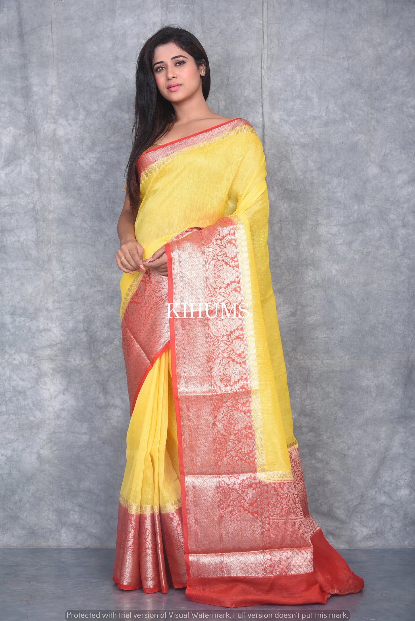 Banarasi Silk Linen Saree | Red and Silver Zari Border | Yellow Body | KIHUMS Saree kihums clothing