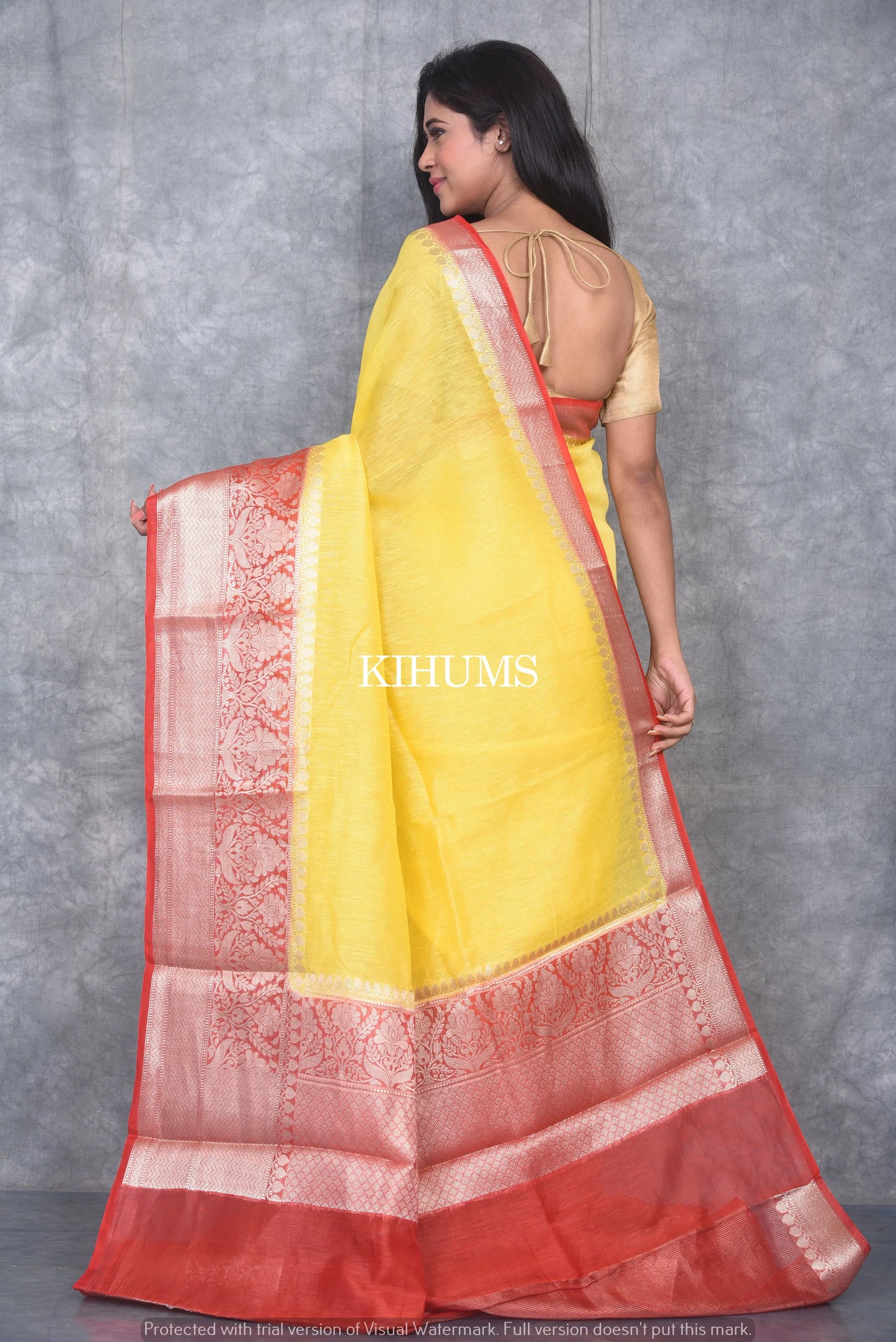Banarasi Silk Linen Saree | Red and Silver Zari Border | Yellow Body | KIHUMS Saree kihums clothing