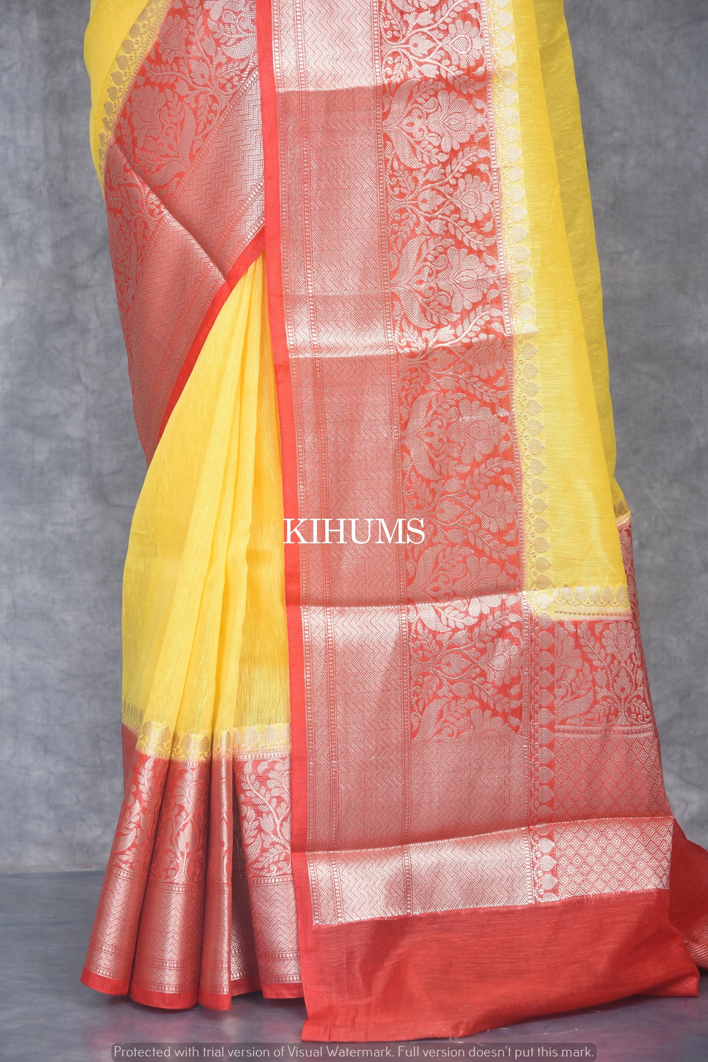 Banarasi Silk Linen Saree | Red and Silver Zari Border | Yellow Body | KIHUMS Saree kihums clothing